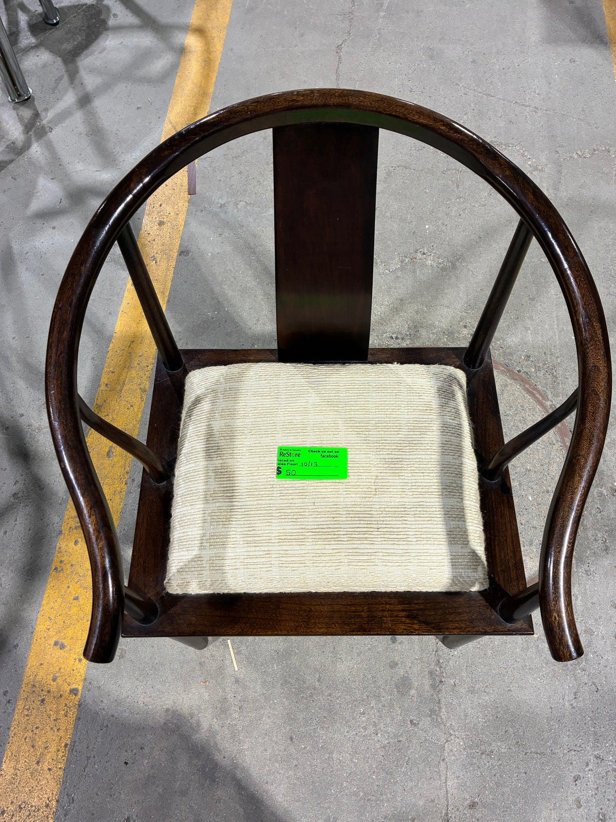 Dark Wood Curved Arm Accent Chair with Cream Upholstered Seat