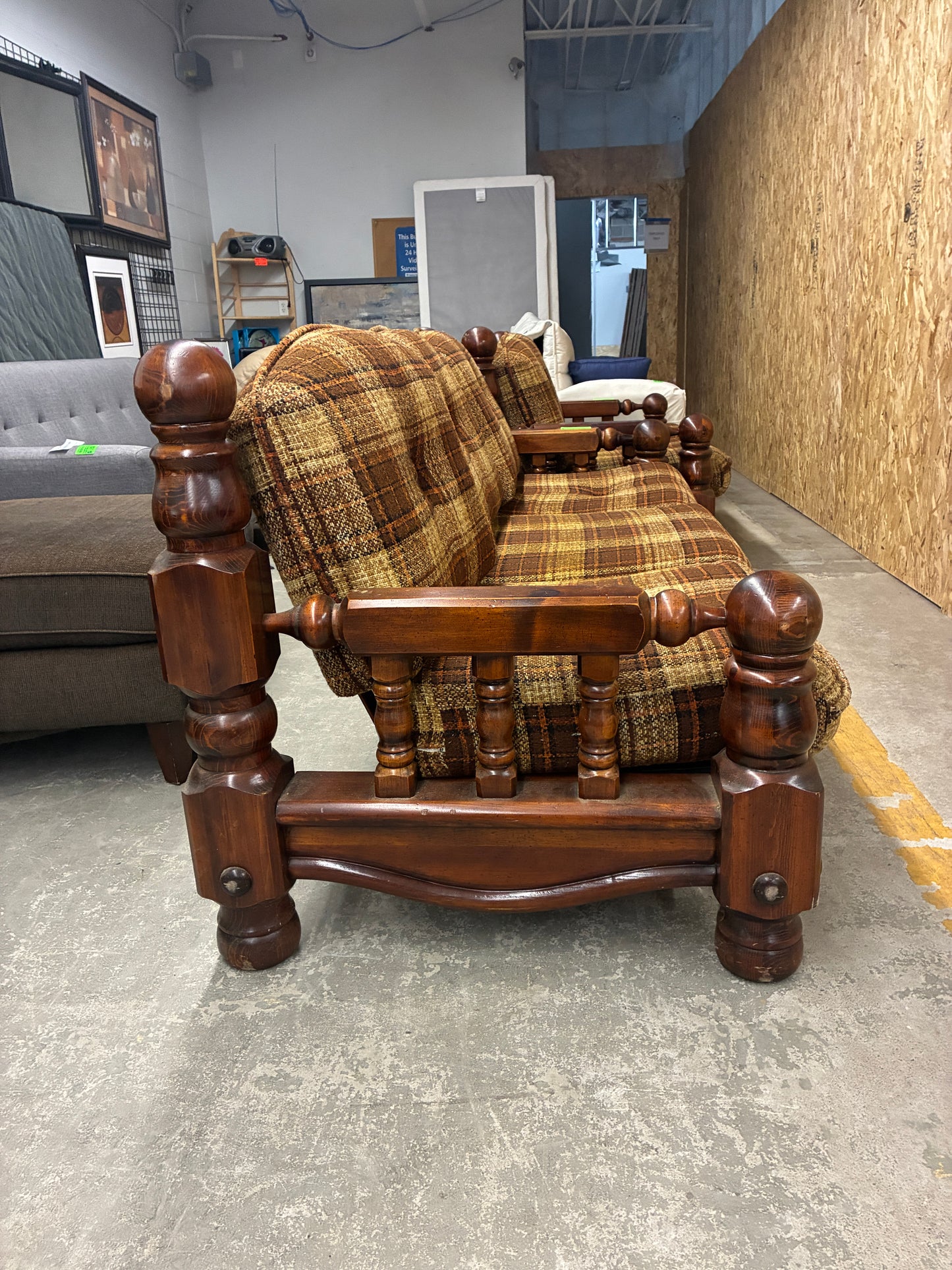 Vintage Plaid Wood Frame Sofa