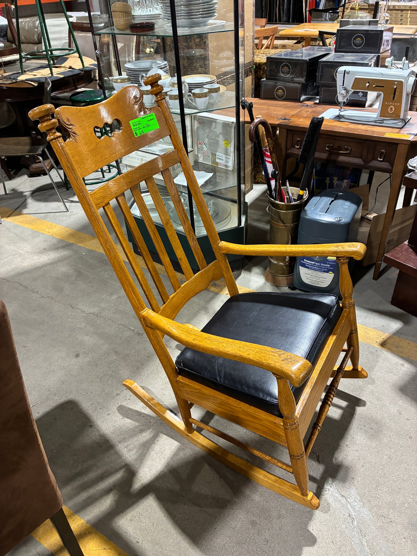 Oak Mission Style Rocking Chair with Black Cushioned Seat
