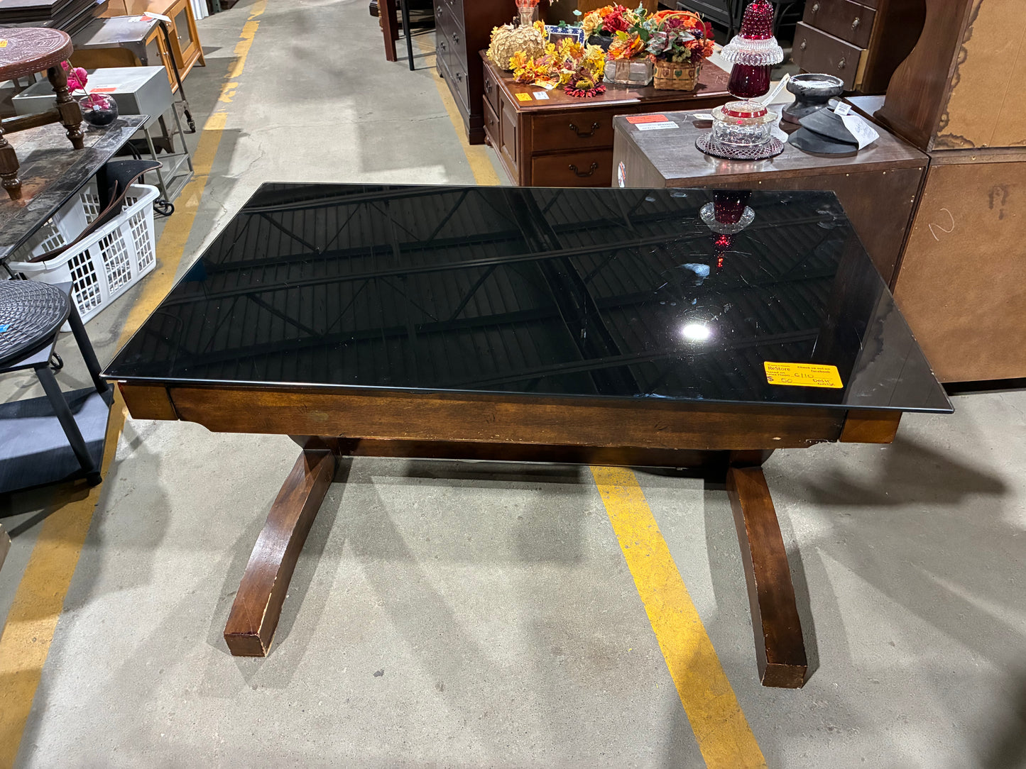 Modern Espresso Writing Desk with Black Glass Top and Storage Drawer
