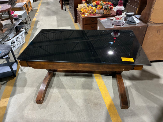 Modern Espresso Writing Desk with Black Glass Top and Storage Drawer