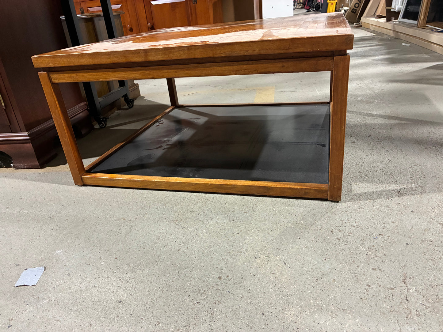 Mid-Century Parquet Top Coffee Table with Lower Shelf
