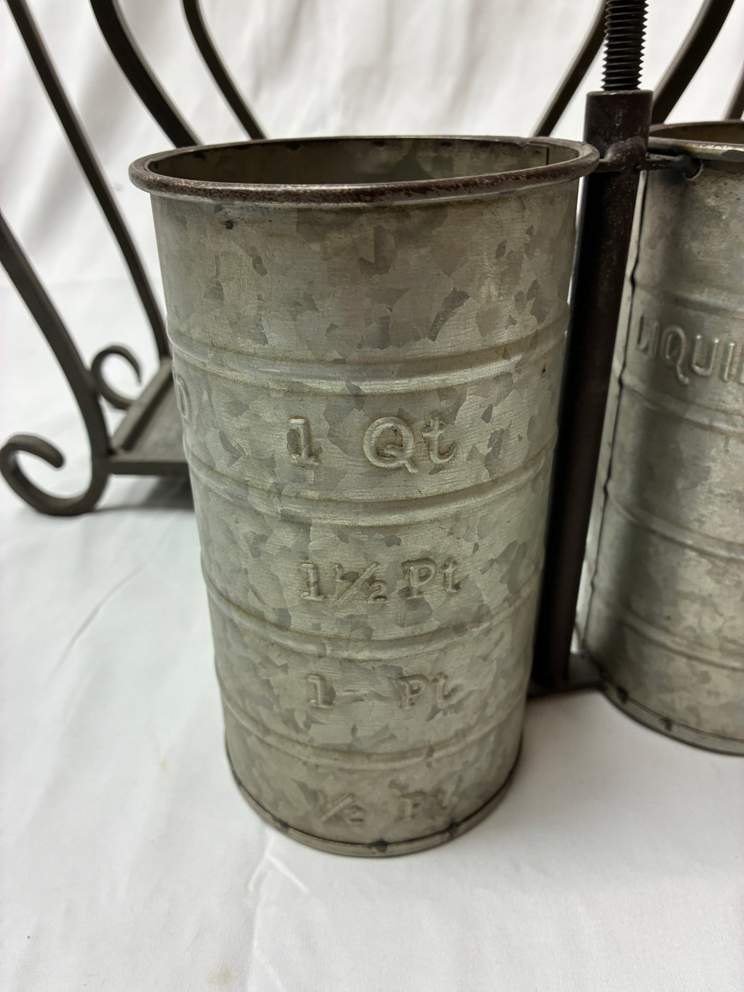 Decorative Metal Utensil Holder with Dual Galvanized Measuring Buckets