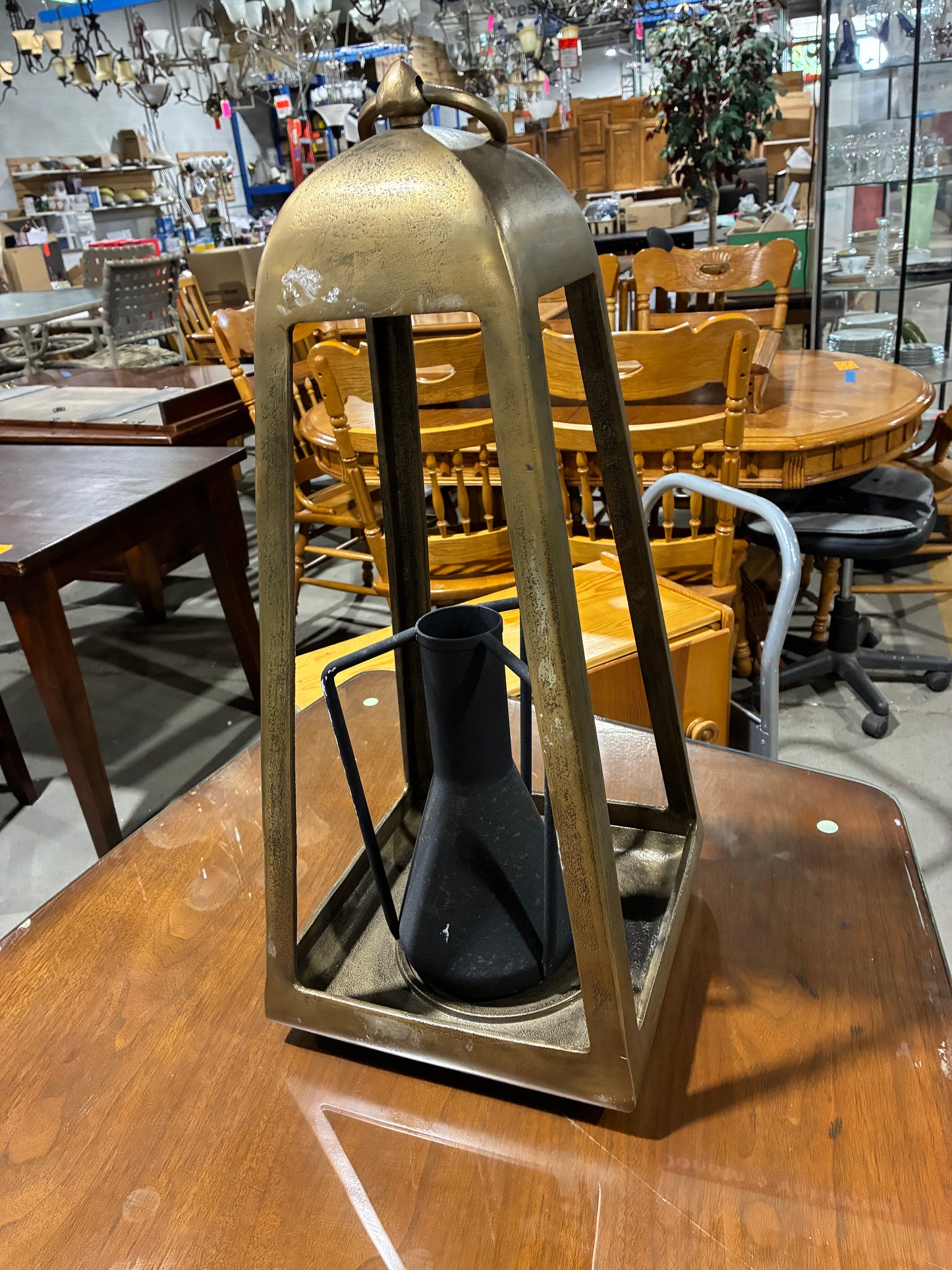 Arhaus Arc Brass Lantern with Decorative Vase