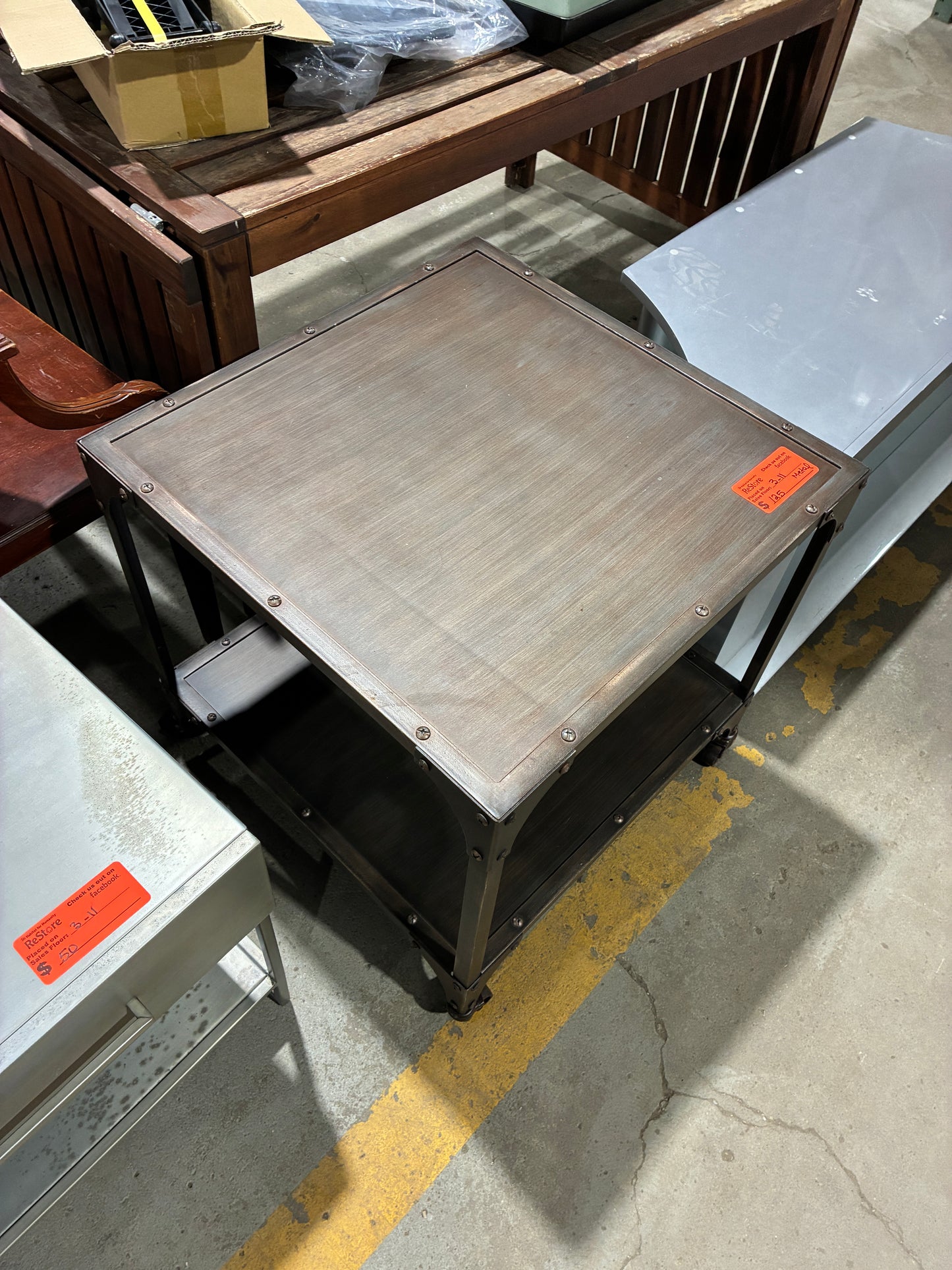 Industrial Style Metal Side Table with Casters