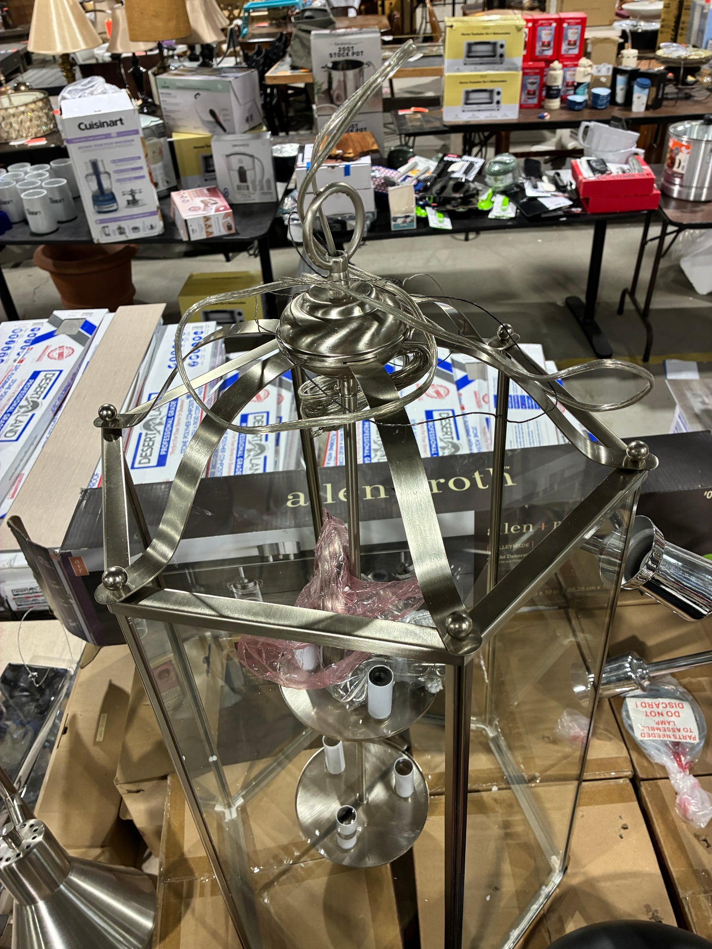 Large Glass Lantern Pendant Chandelier – Brushed Nickel Finish
