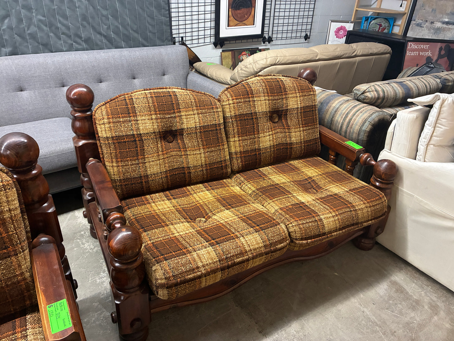 Vintage Plaid Wood Frame Loveseat