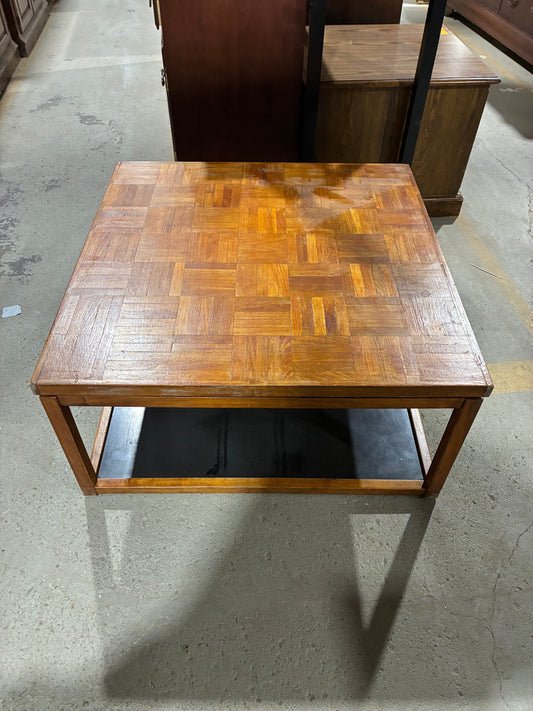 Mid-Century Parquet Top Coffee Table with Lower Shelf