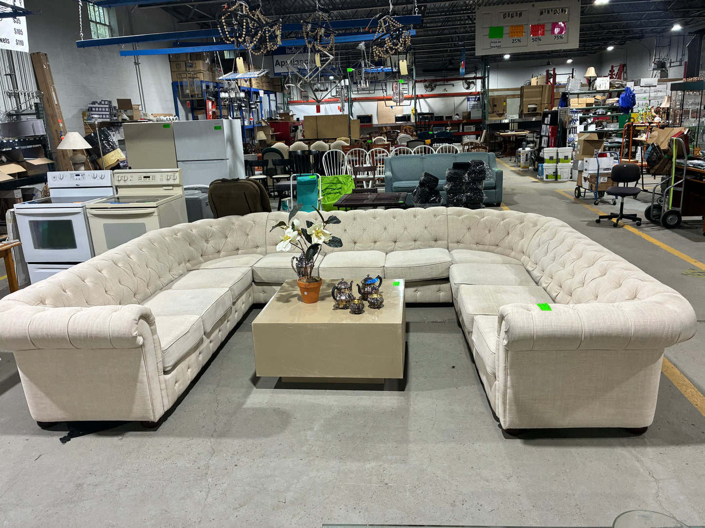 Large Cream Tufted U-Shaped Sectional Sofa