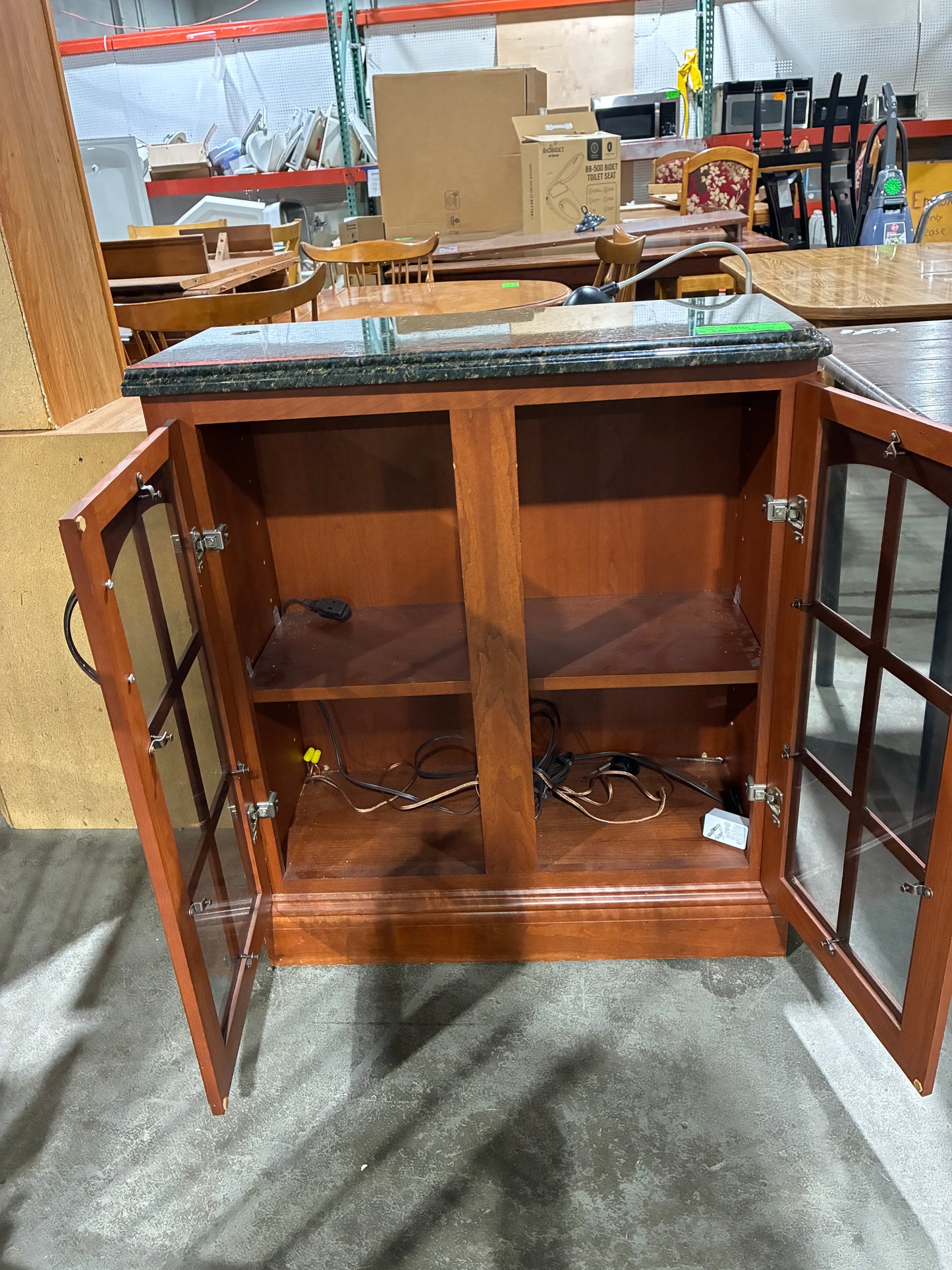 Cherry Finish Glass-Door Cabinet with Granite Top
