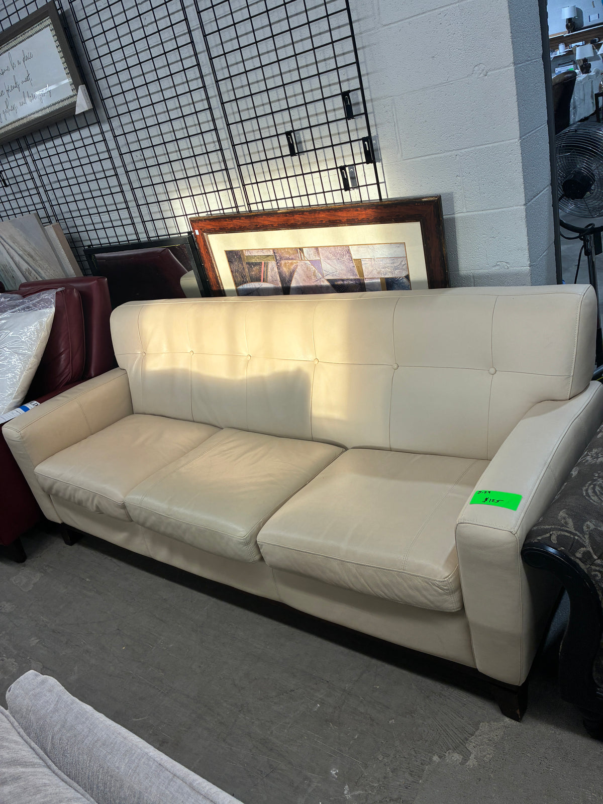 Cream Leather Three-Seat Sofa