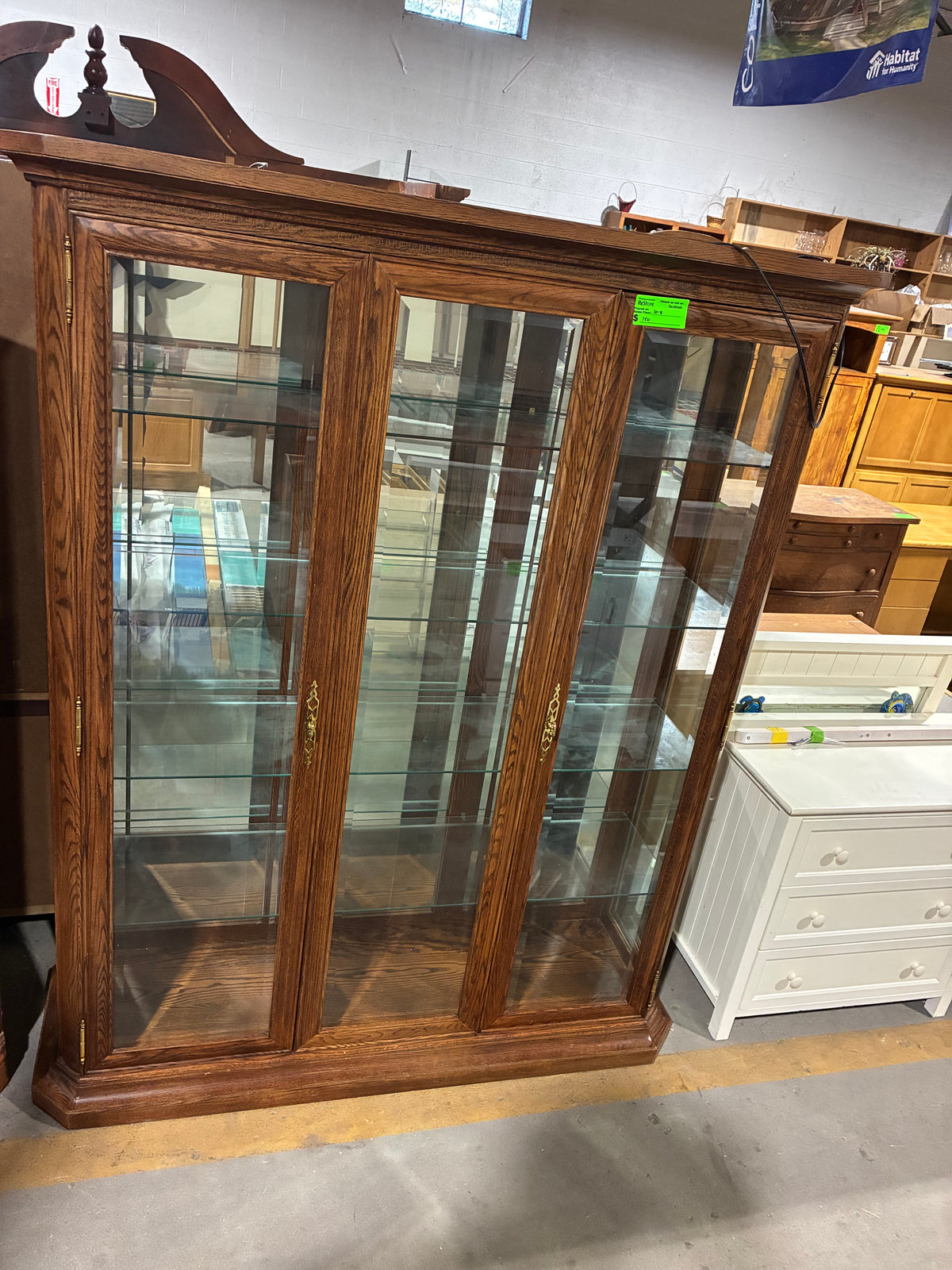 Large Oak Glass Display Cabinet with Interior Lighting