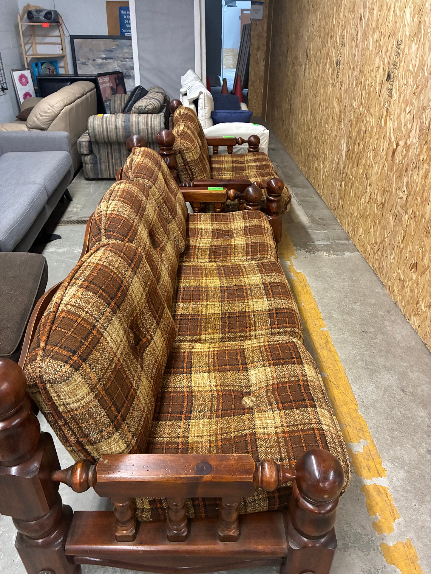 Vintage Plaid Wood Frame Sofa