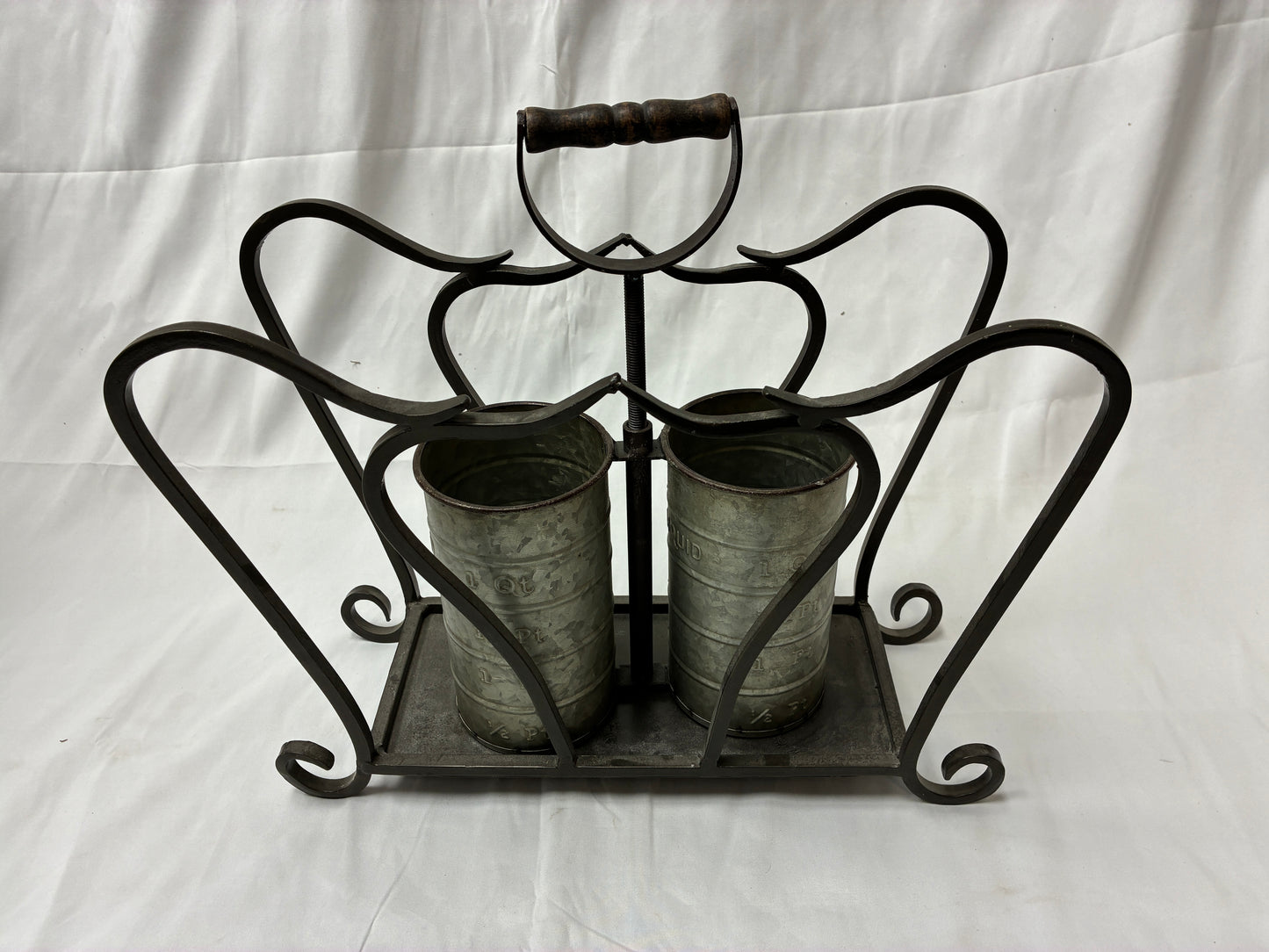 Decorative Metal Utensil Holder with Dual Galvanized Measuring Buckets