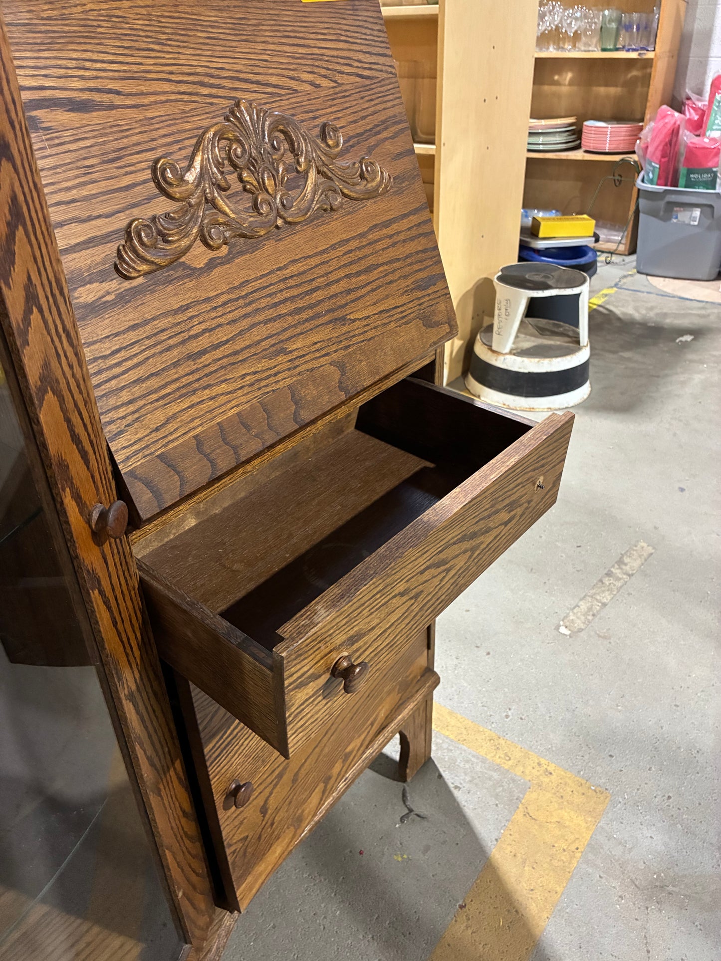 Vintage Oak Curio Cabinet with Lighted Display & Drop-Front Storage