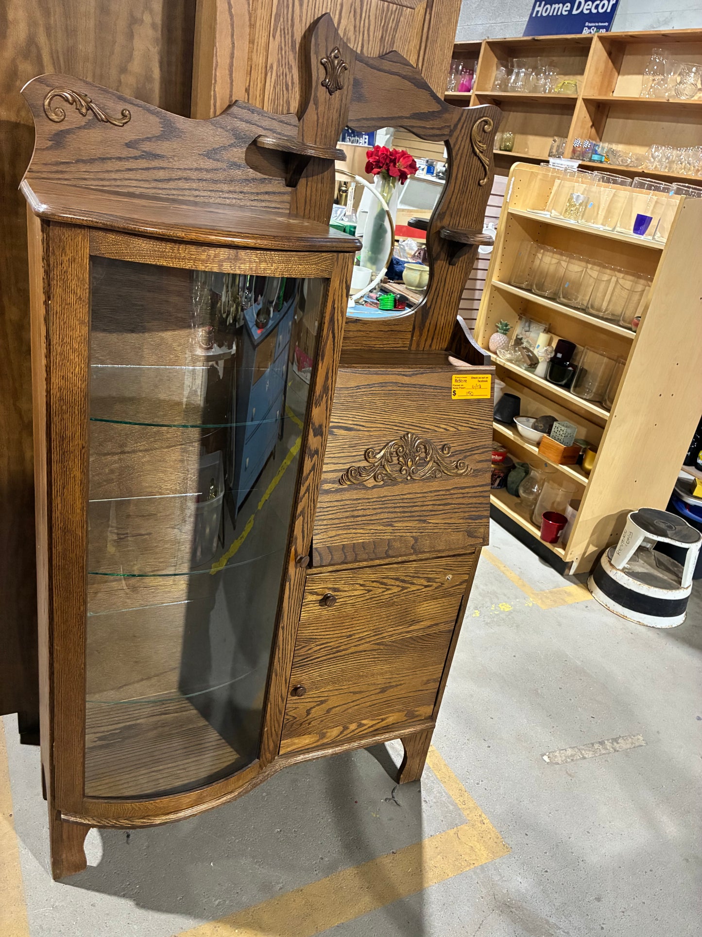 Vintage Oak Curio Cabinet with Lighted Display & Drop-Front Storage