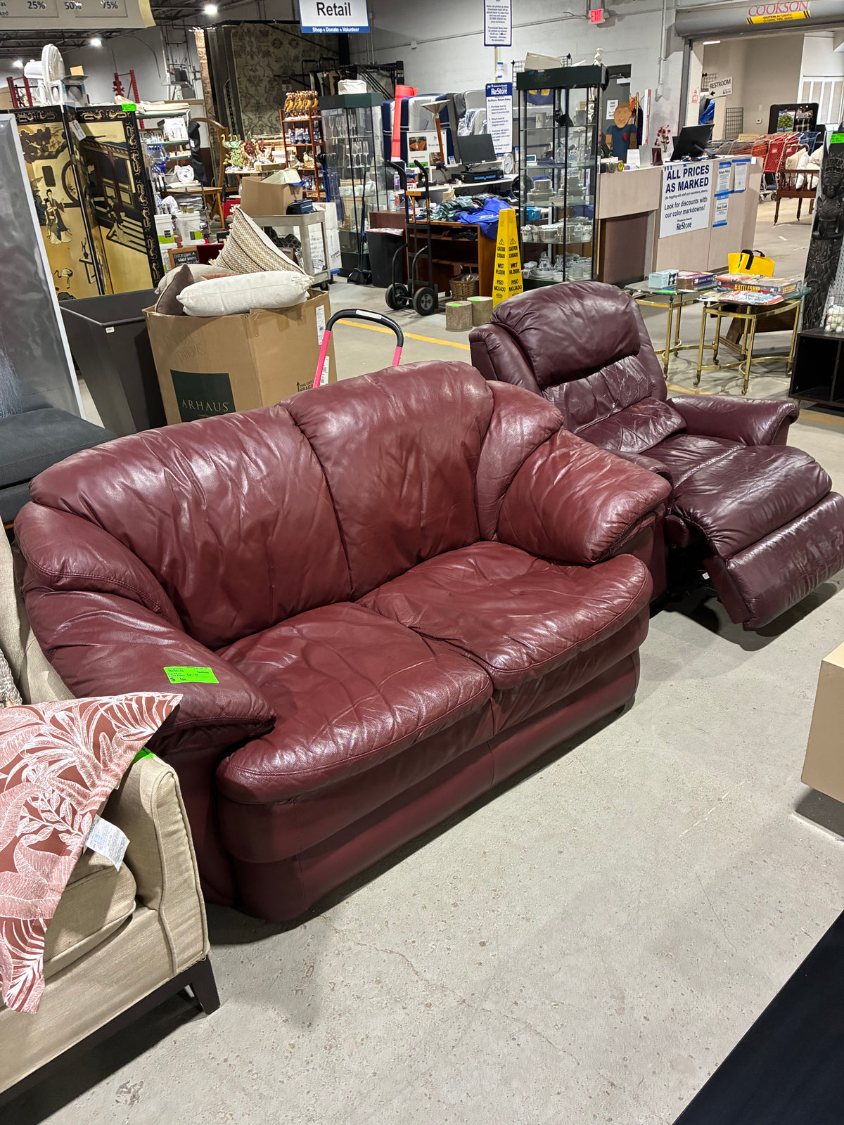 Burgundy Leather Two-Seat Loveseat with Plush Padded Arms