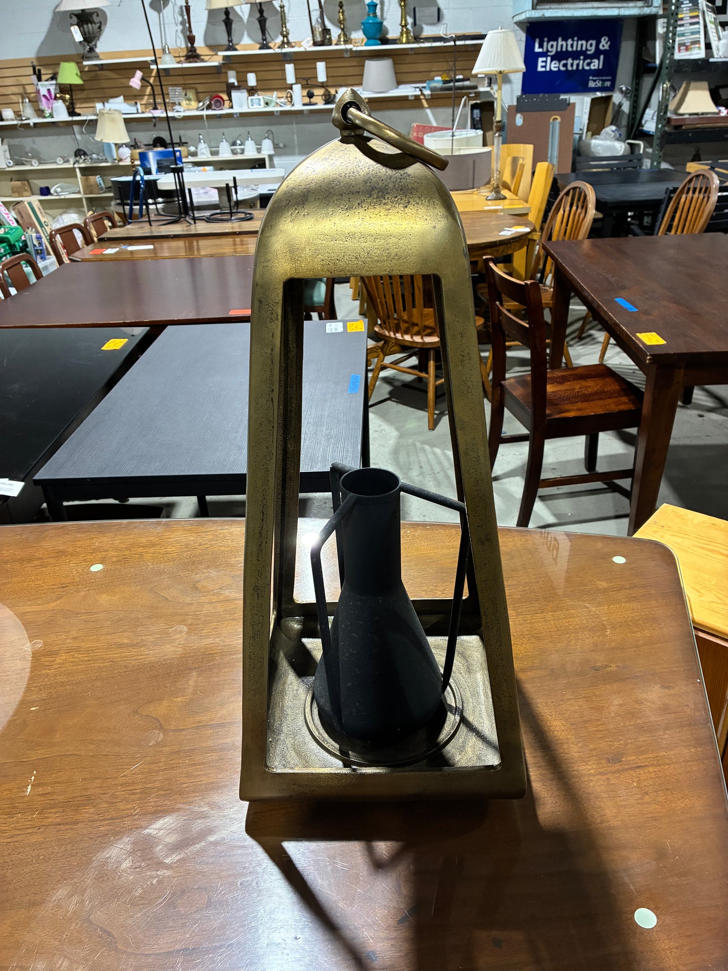 Arhaus Arc Brass Lantern with Decorative Vase