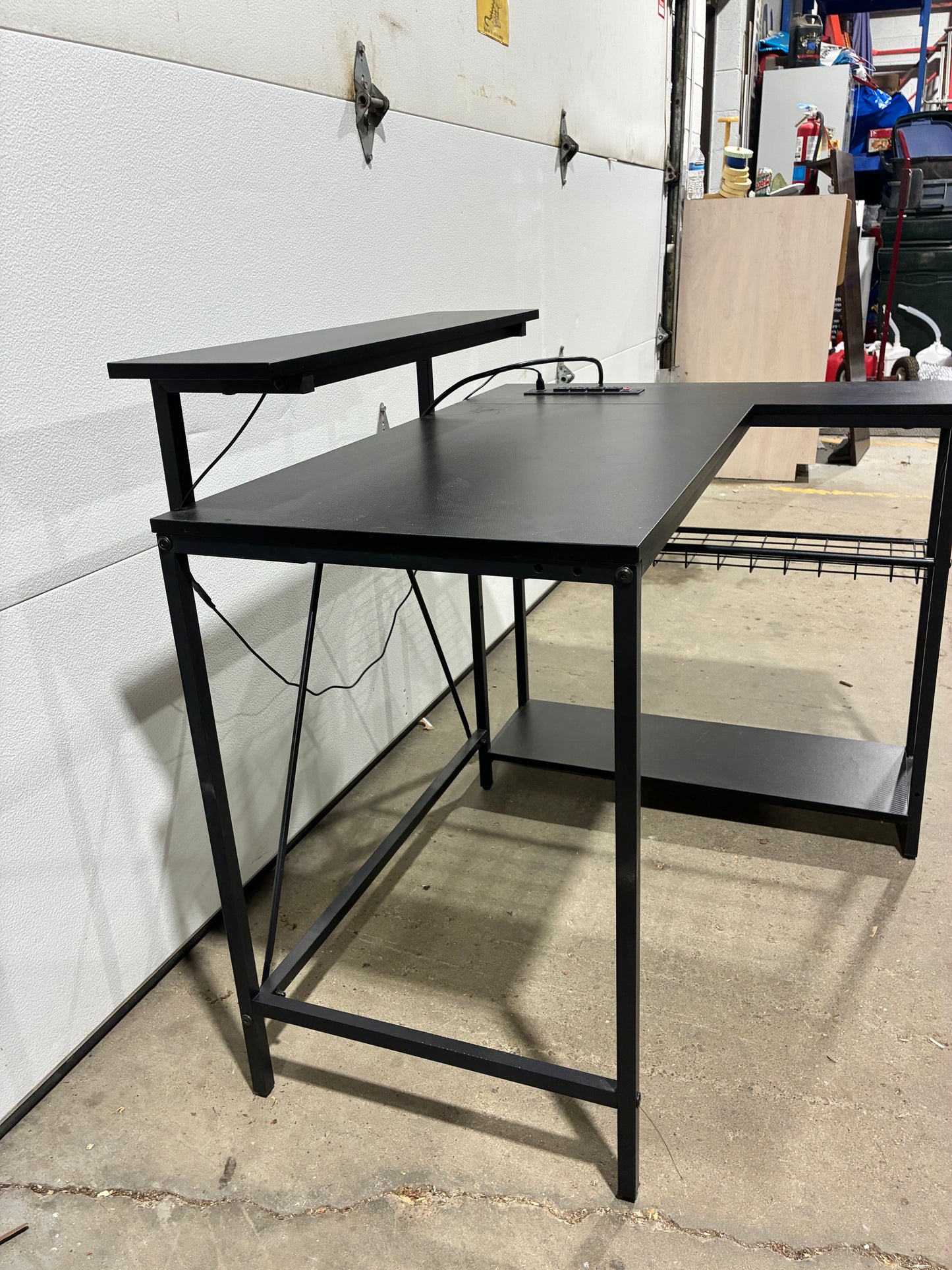 Modern Black Computer Desk with Power Outlet & Monitor Shelf