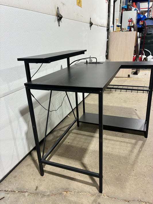 Modern Black Computer Desk with Power Outlet & Monitor Shelf