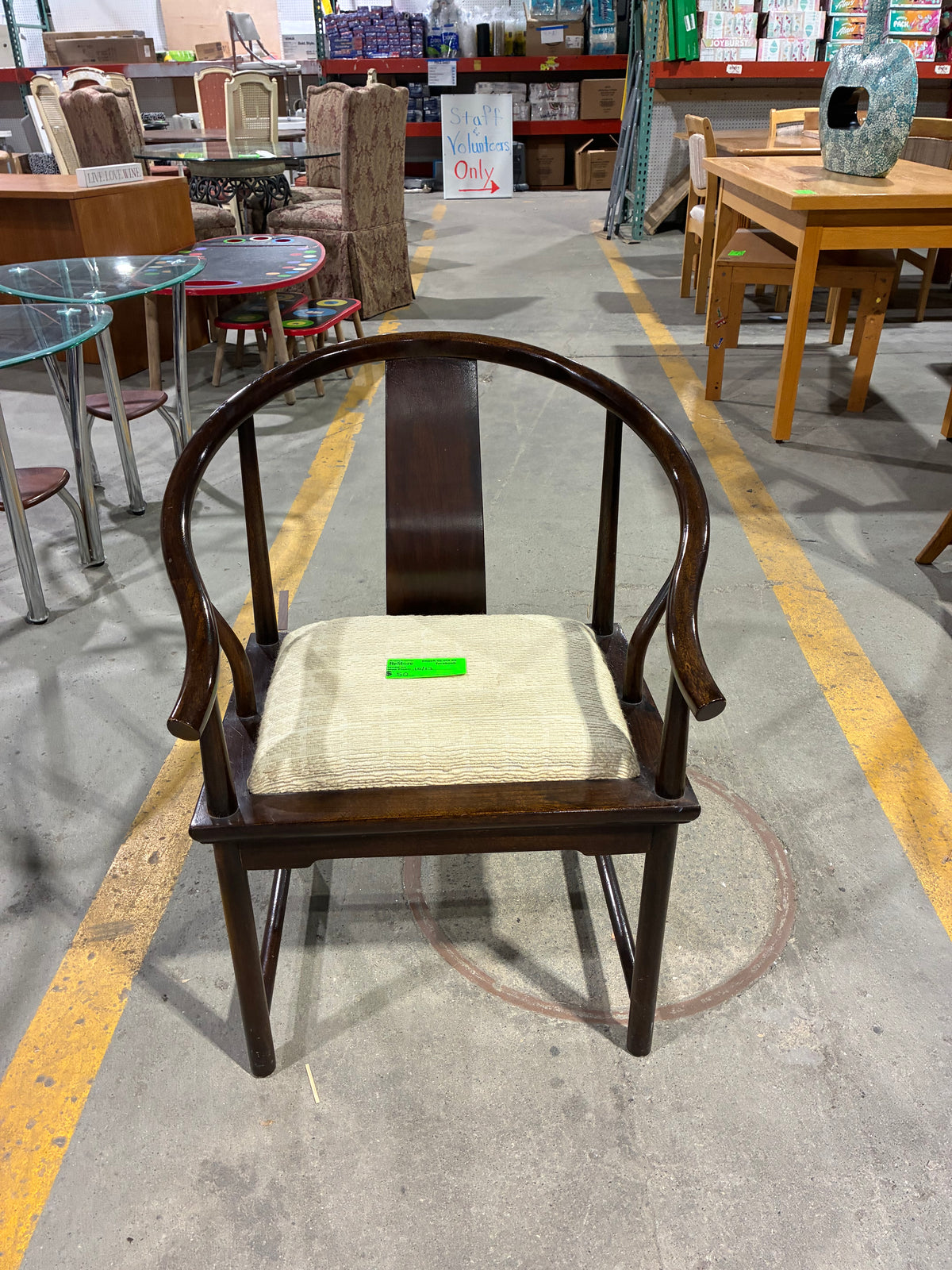 Dark Wood Curved Arm Accent Chair with Cream Upholstered Seat