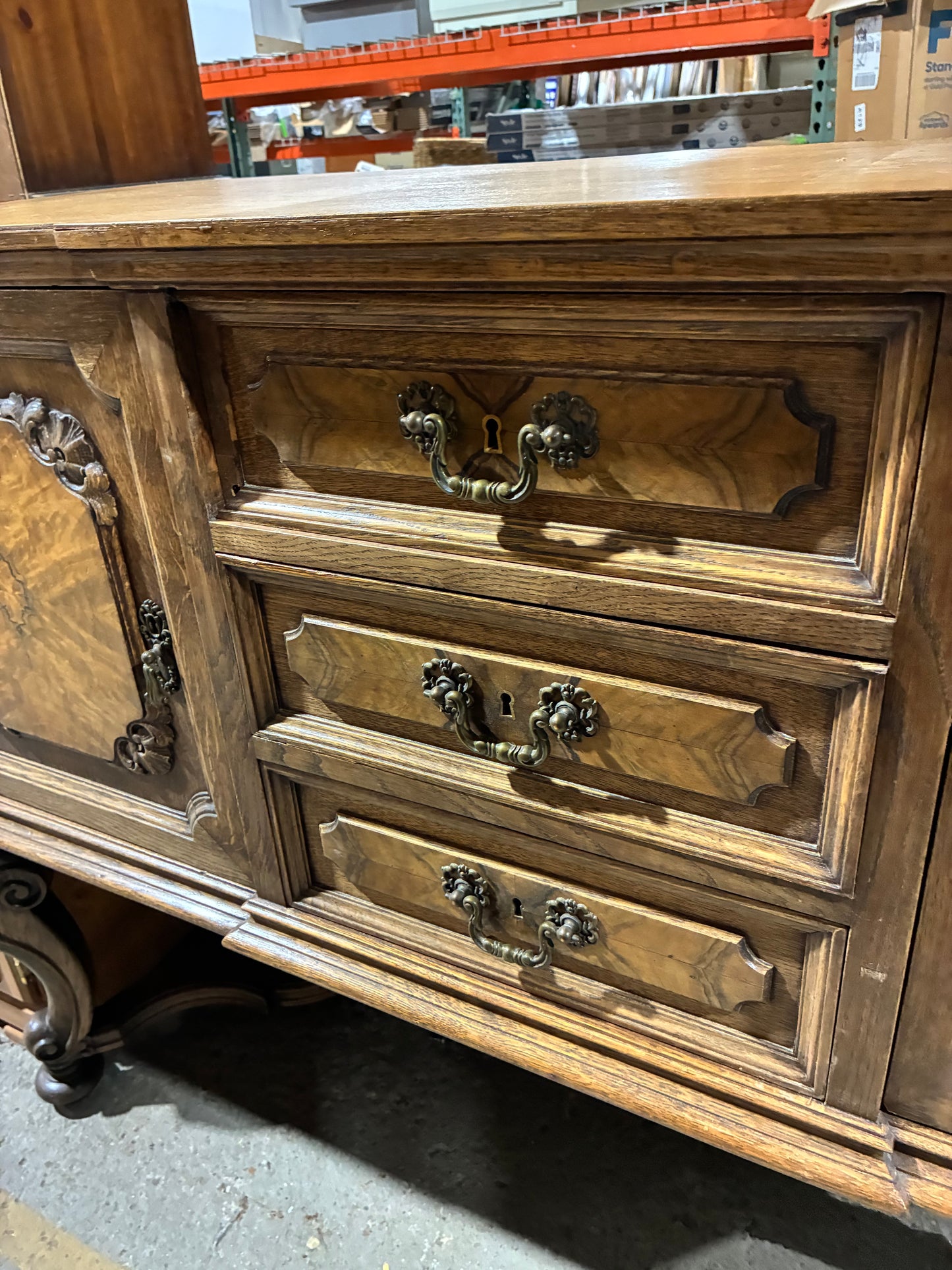 Vintage Ornate Walnut Buffet Cabinet