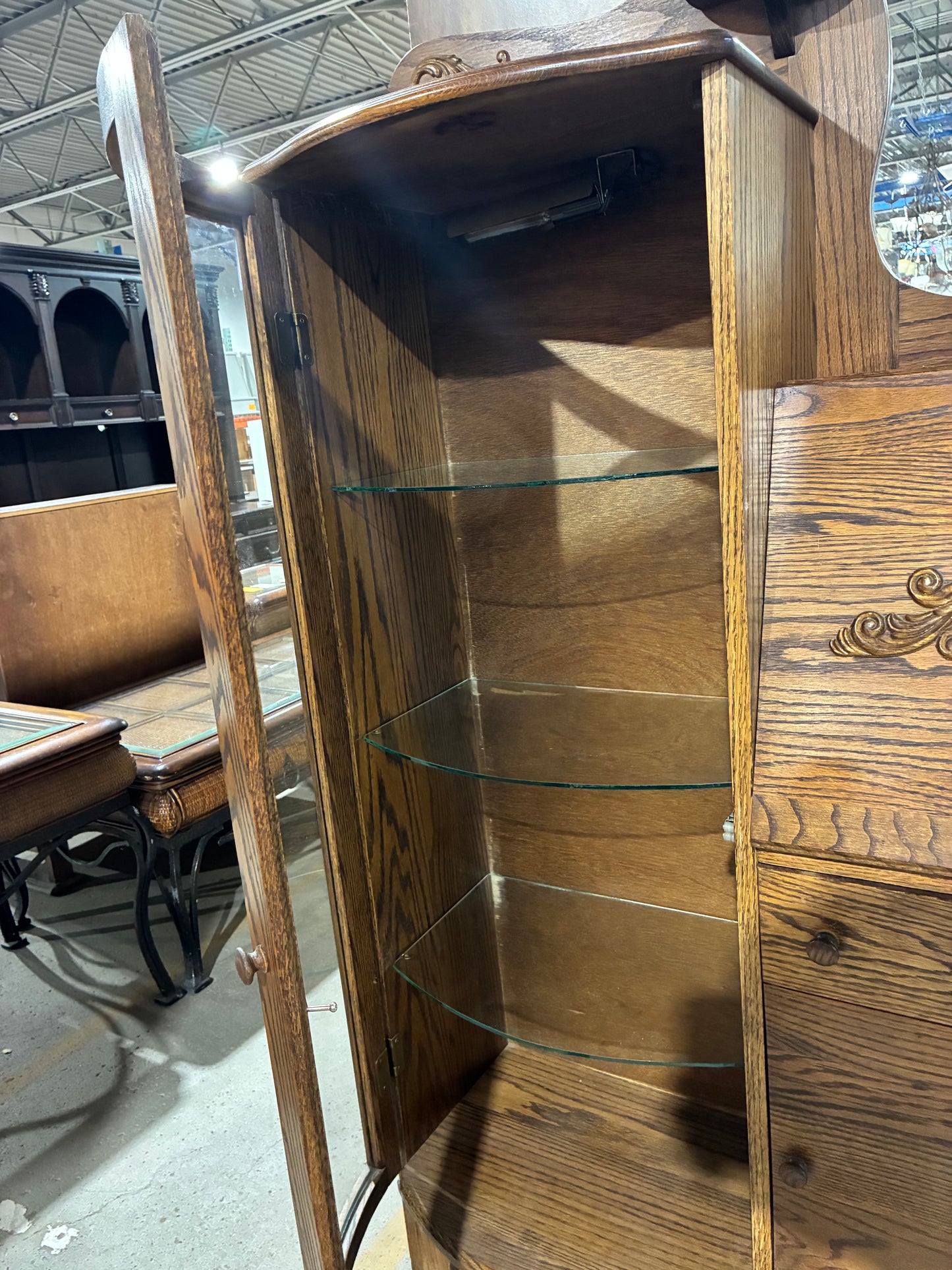 Vintage Oak Curio Cabinet with Lighted Display & Drop-Front Storage