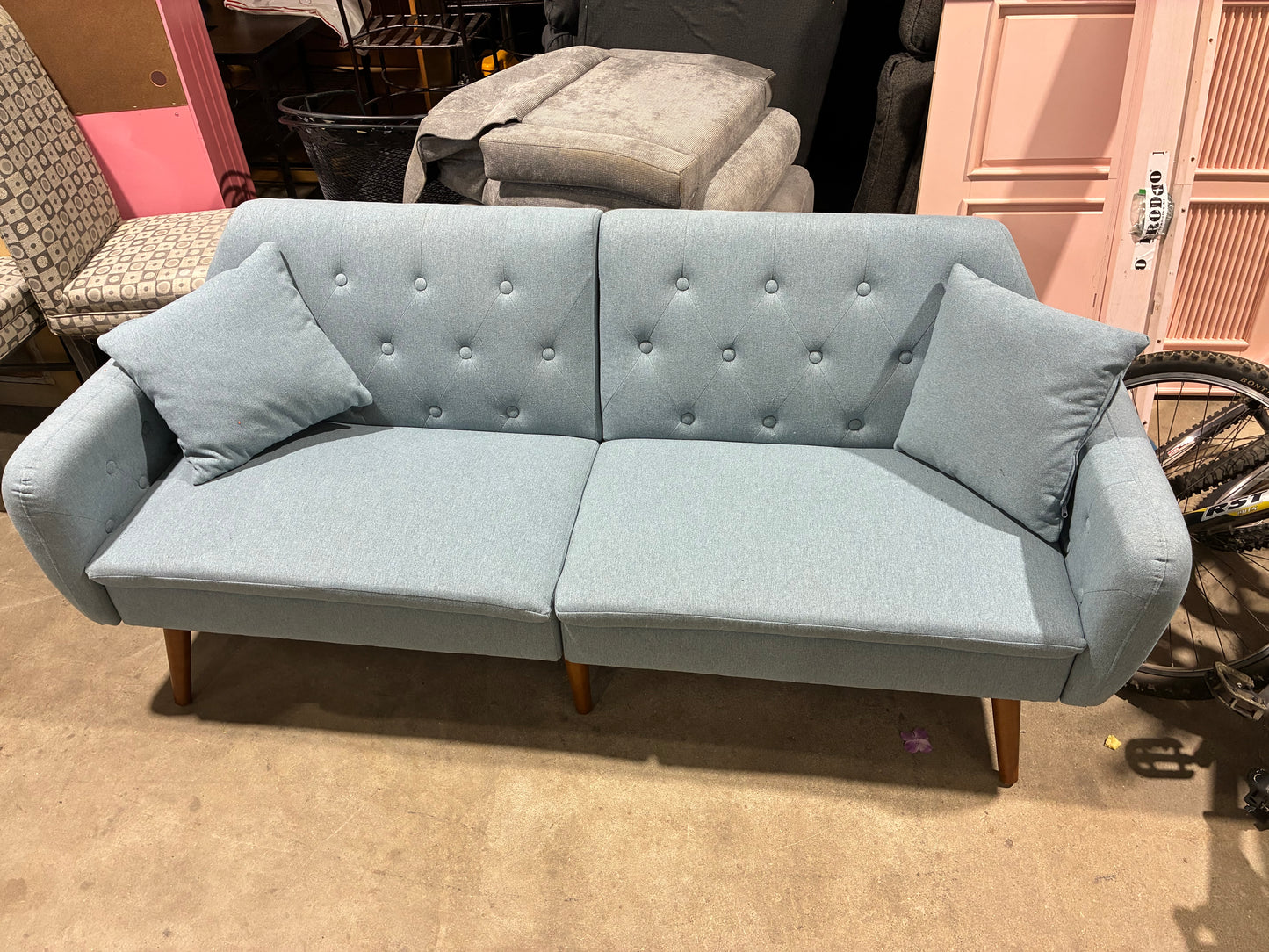Light Blue Mid-Century Modern Tufted Sofa