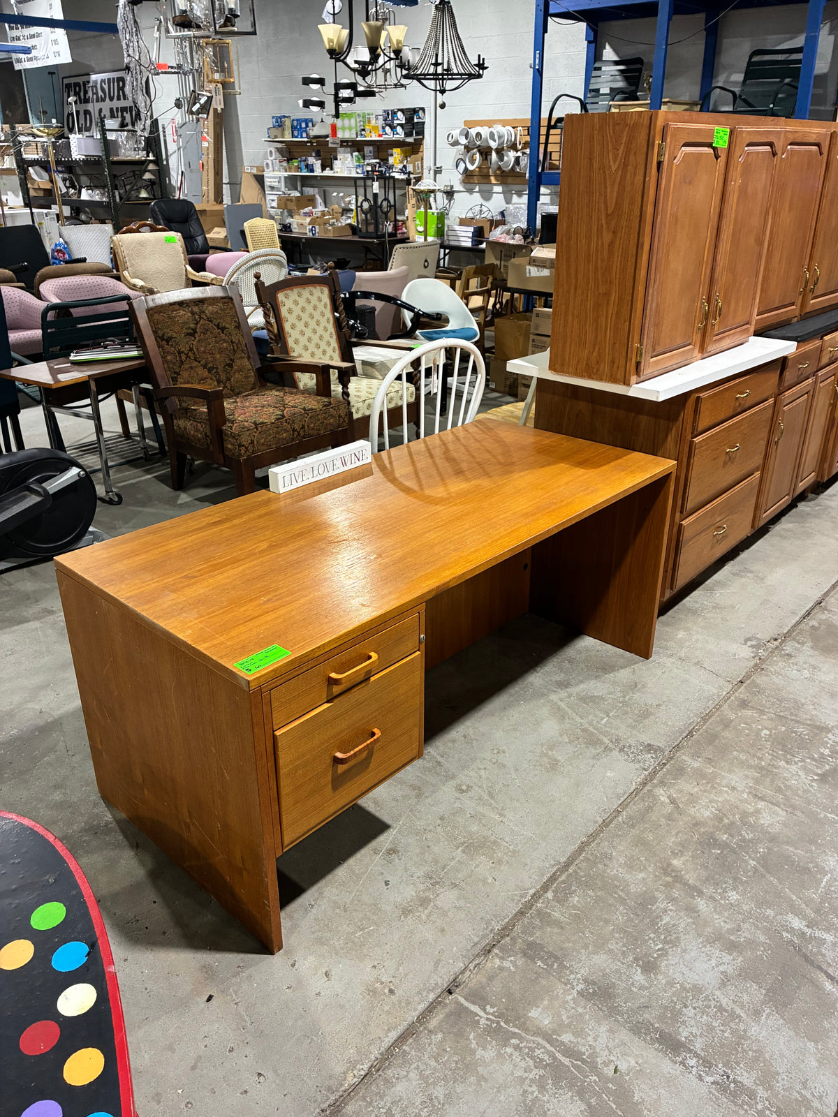 Vintage Wood Office Desk with Two Drawers and File Storage