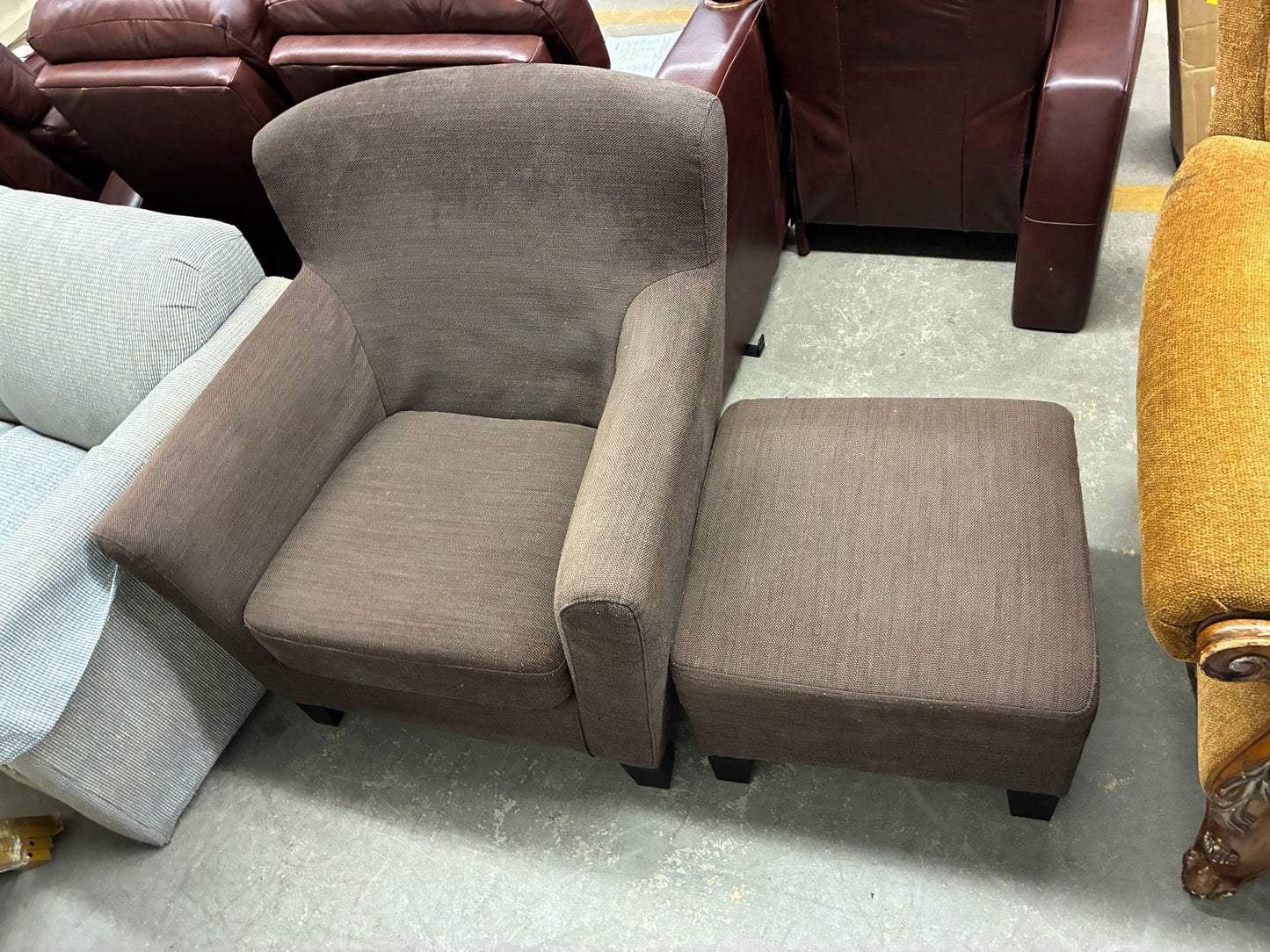 Brown Upholstered Accent Chair with Matching Ottoman