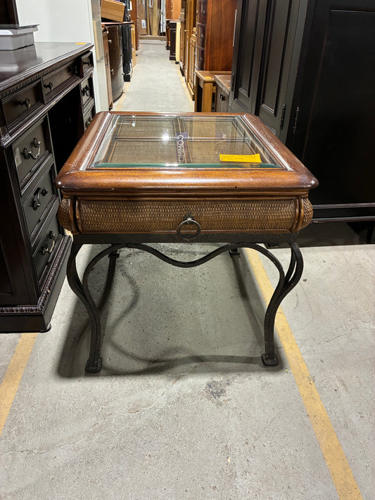 Tropical Rattan & Glass Top Accent Table with Storage Drawer #2