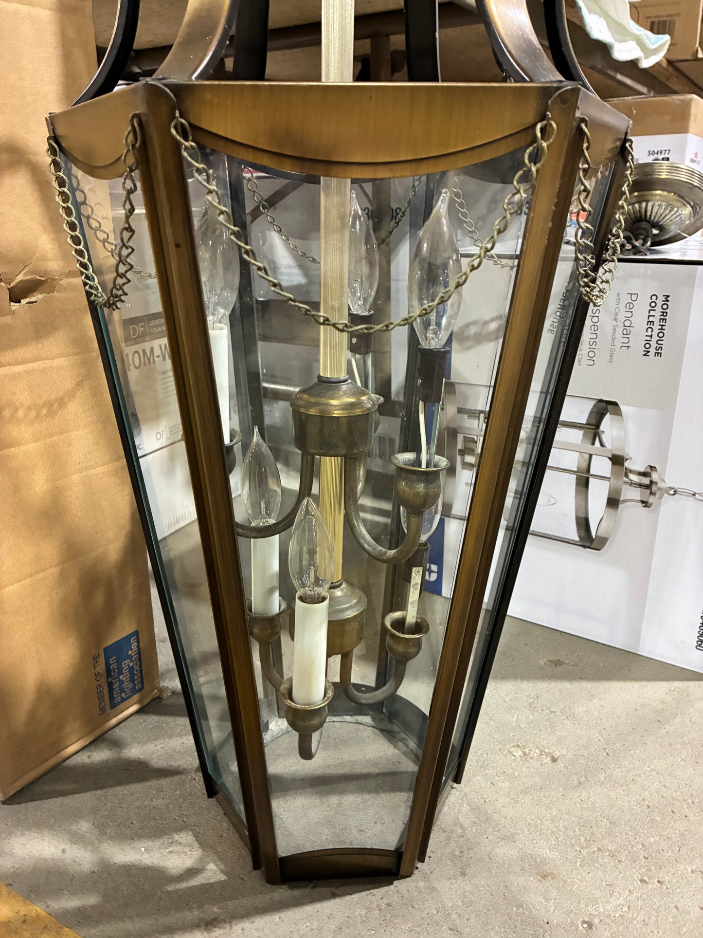 Large Brass Lantern Style 4 Light Pendant Chandelier