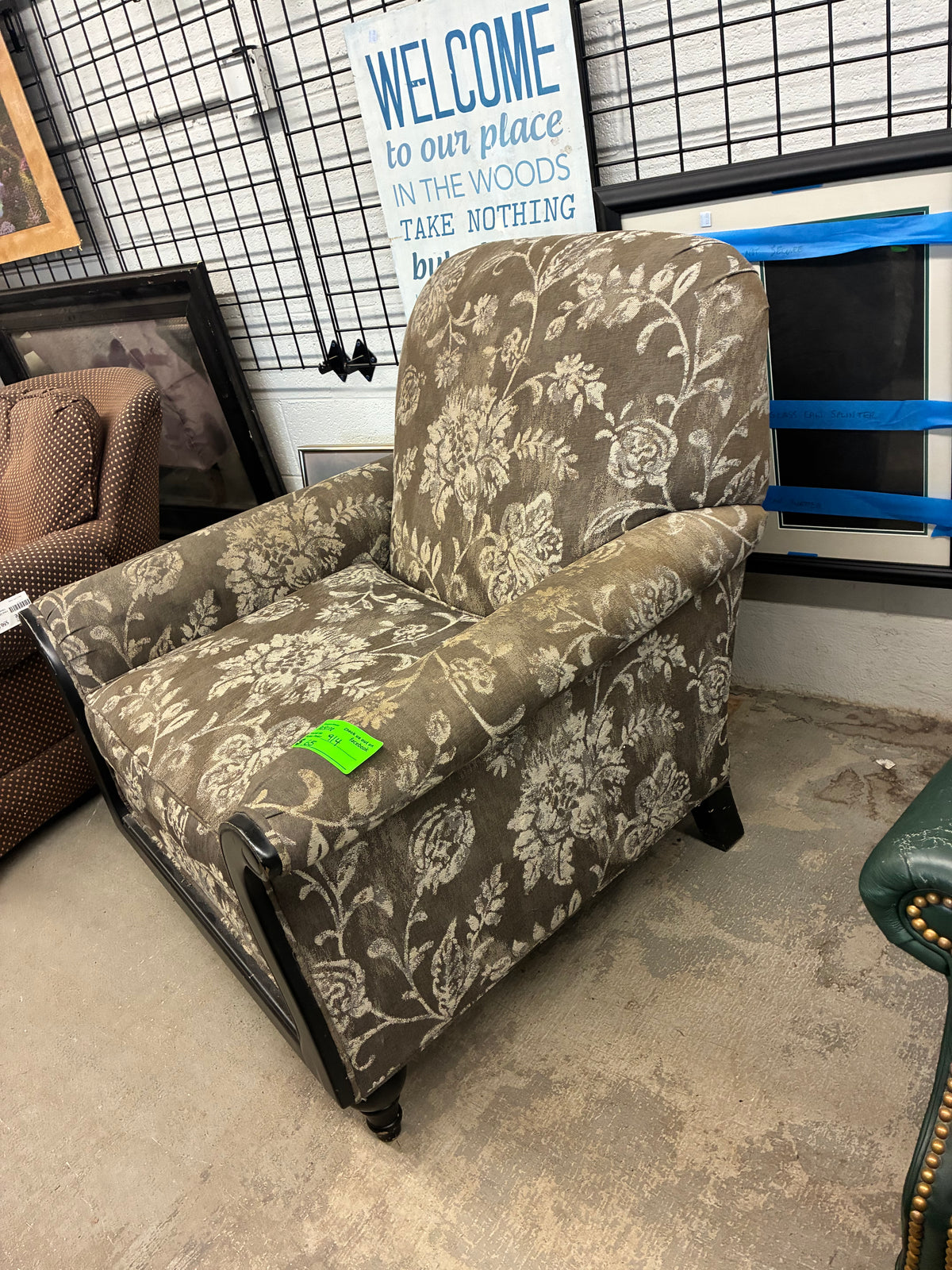 Floral Upholstered Accent Armchair with Dark Wood Trim