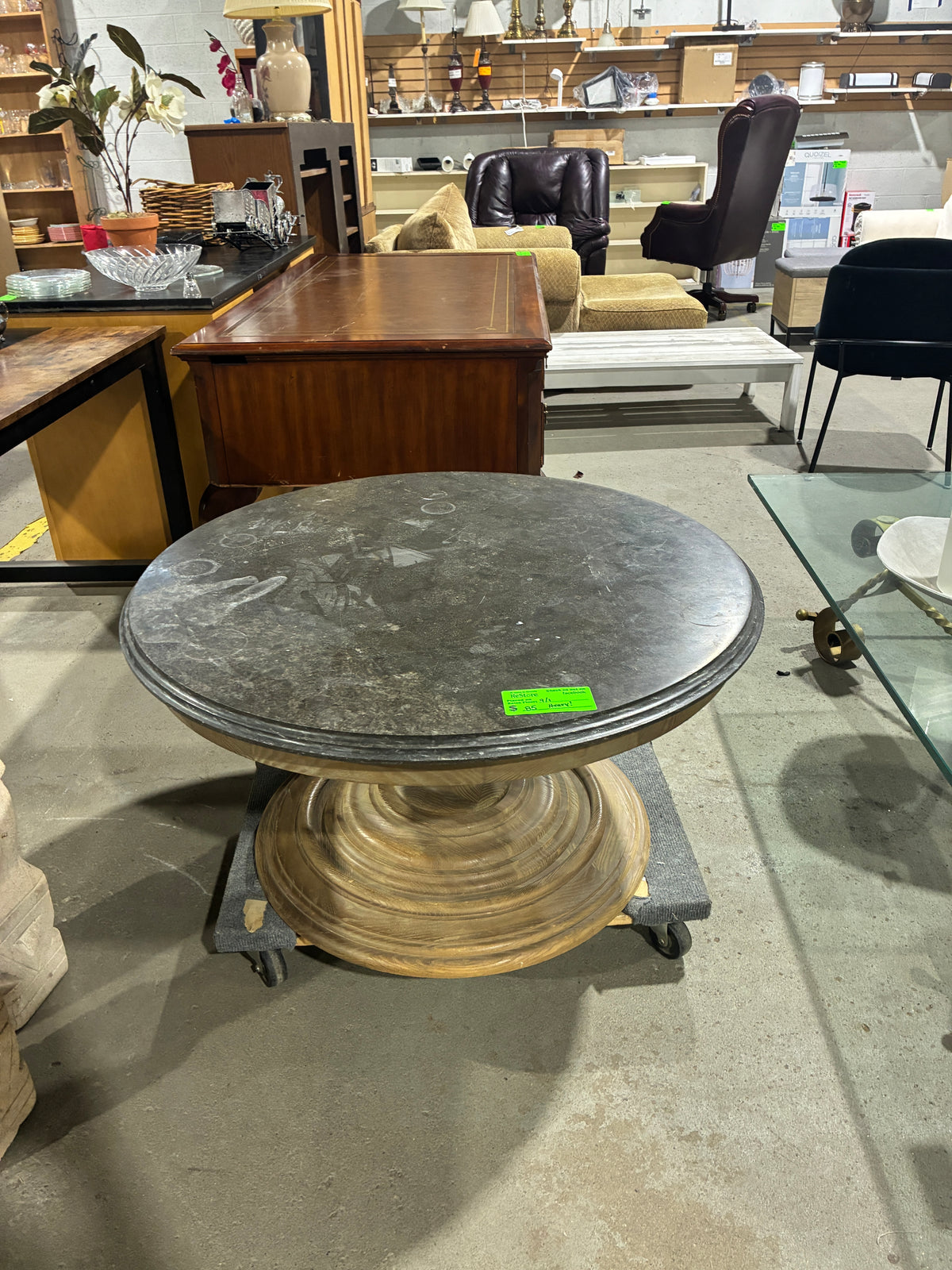 Round Stone-Top Pedestal Accent Table