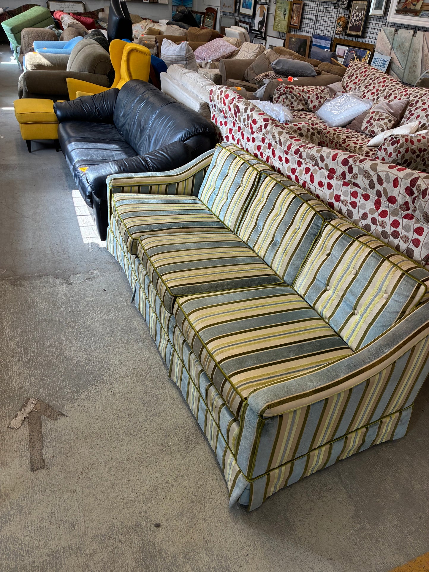 Vintage Blue & Green Striped Sofa