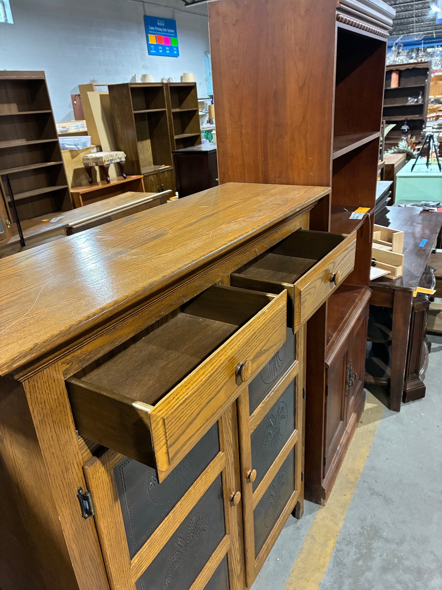 Oak Accent Storage Cabinet with Decorative Metal Panel Doors