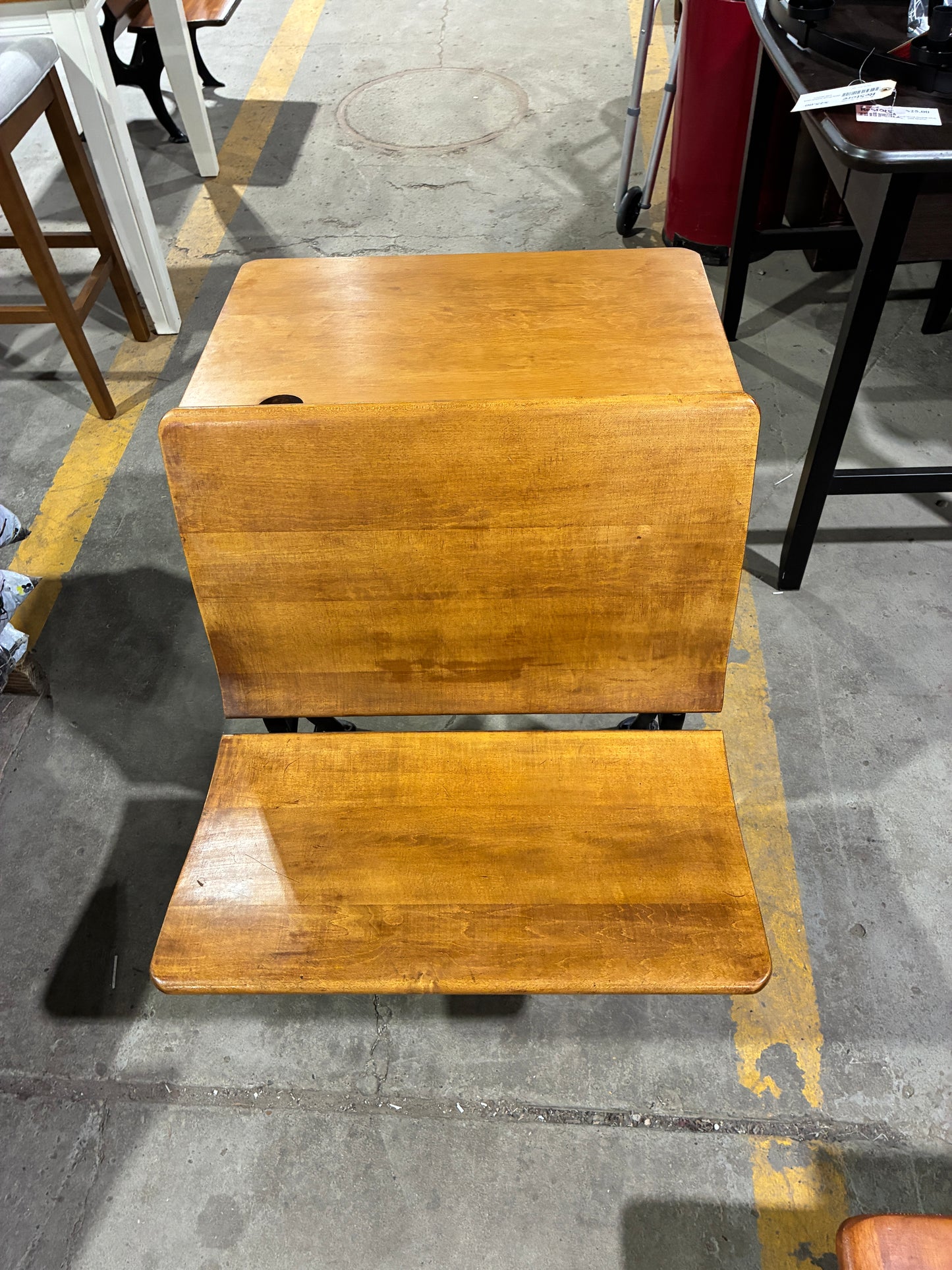 Vintage Wooden School Desk with Attached Bench #2