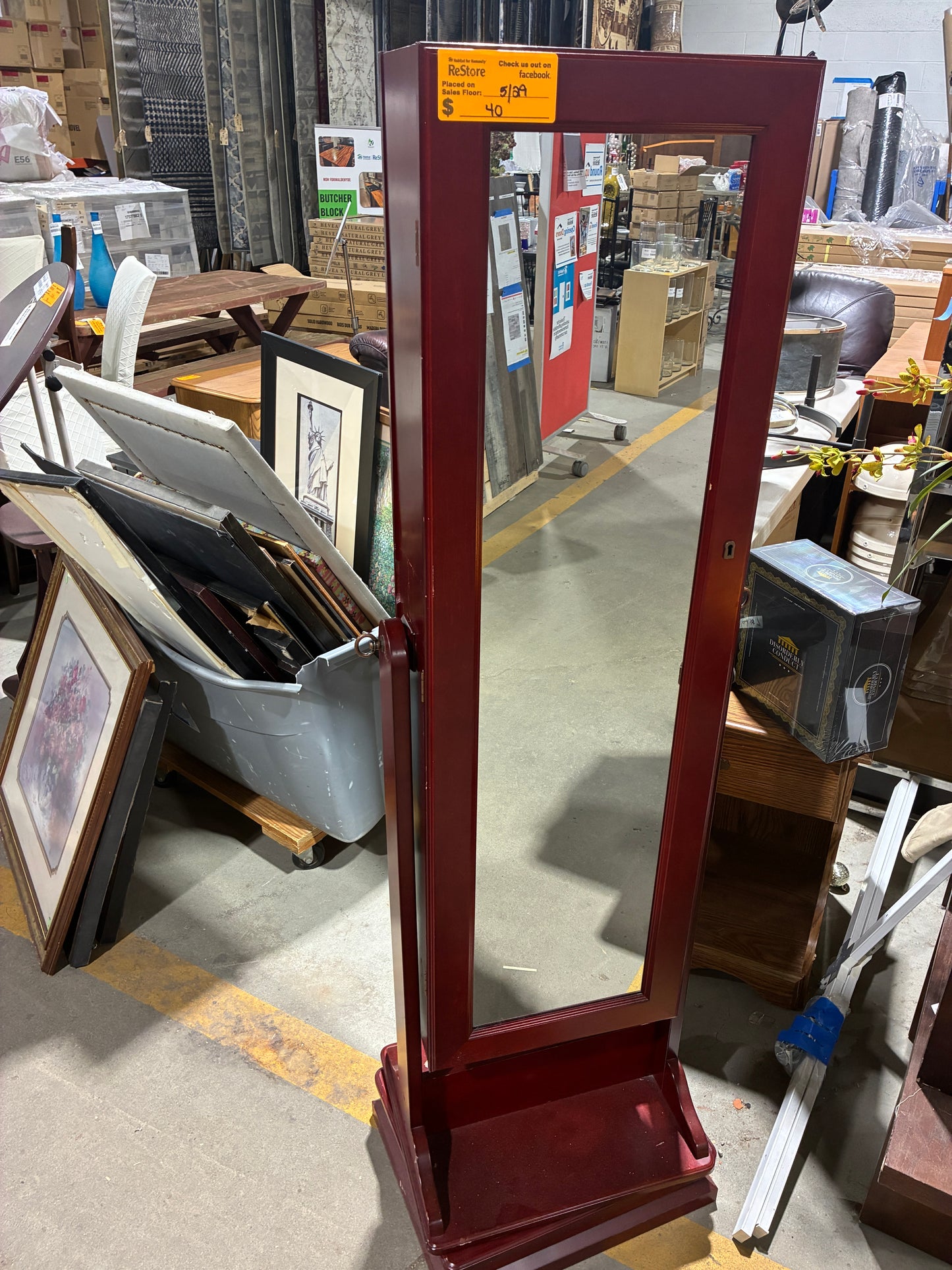 Locking Cherry Finish Jewelry Armoire with Mirror