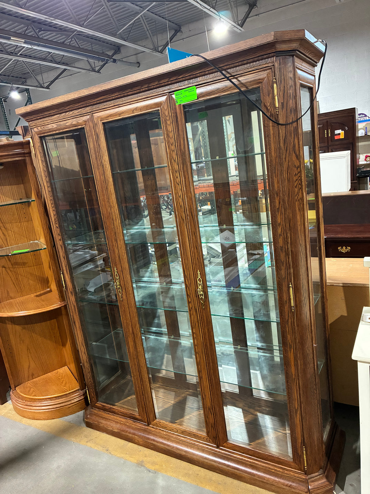 Large Oak Glass Display Cabinet with Interior Lighting