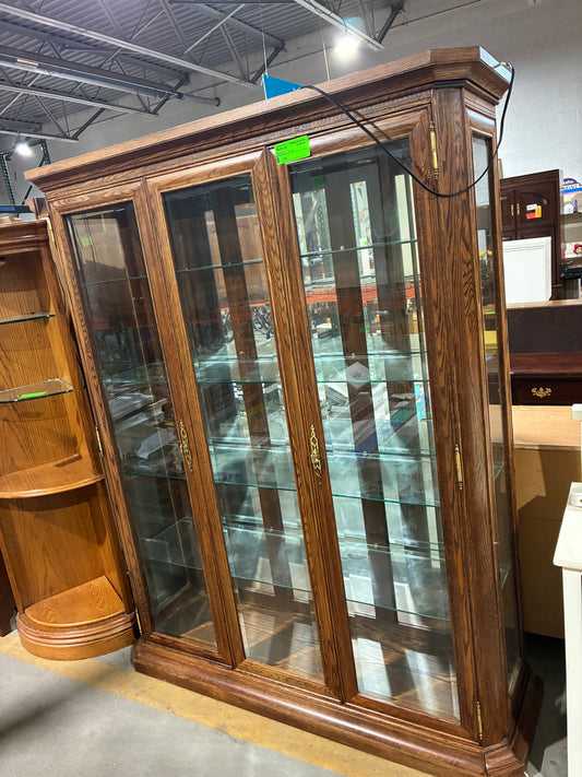 Large Oak Glass Display Cabinet with Interior Lighting