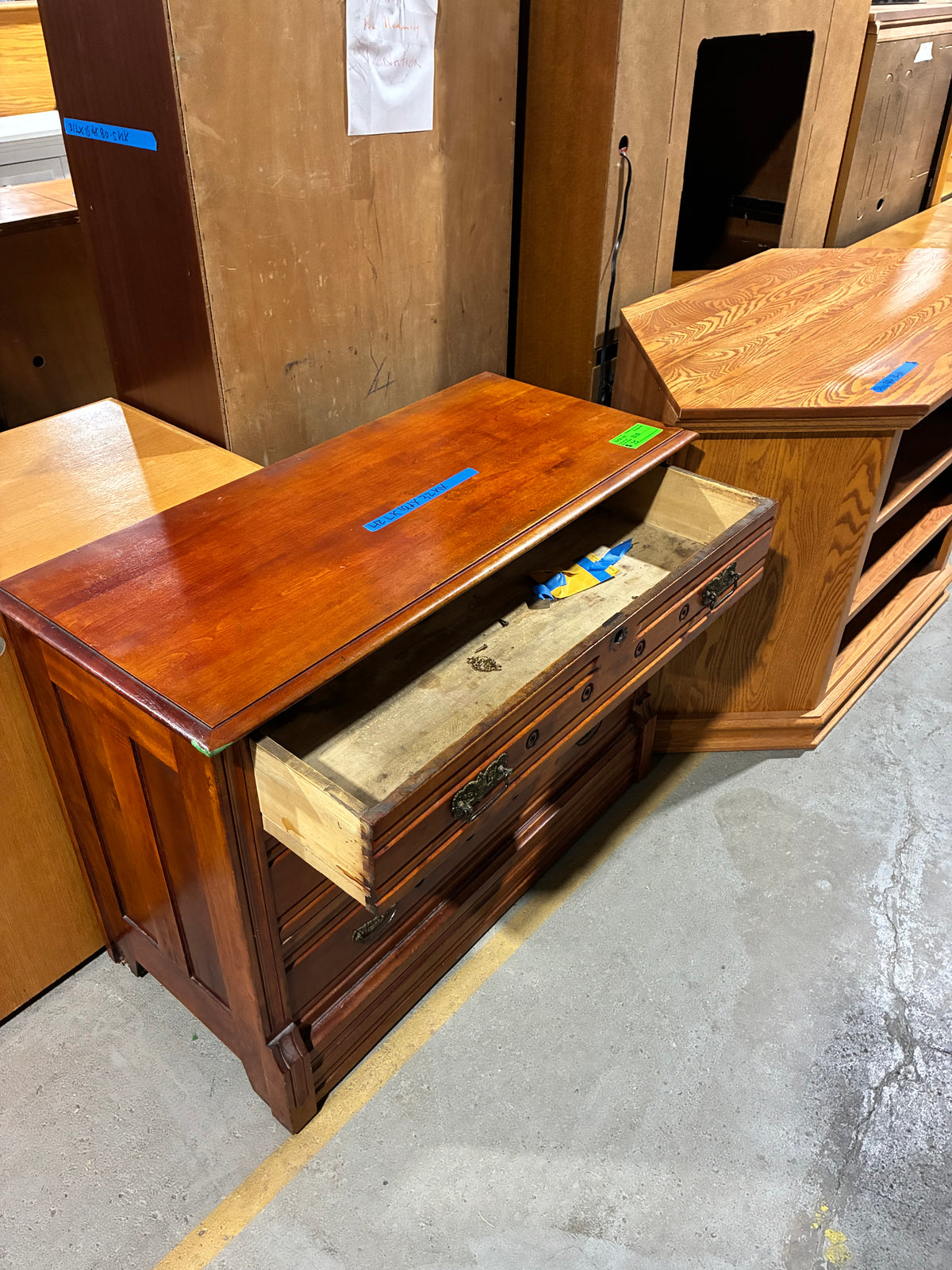 Vintage Three-Drawer Wood Dresser with Ornate Hardware