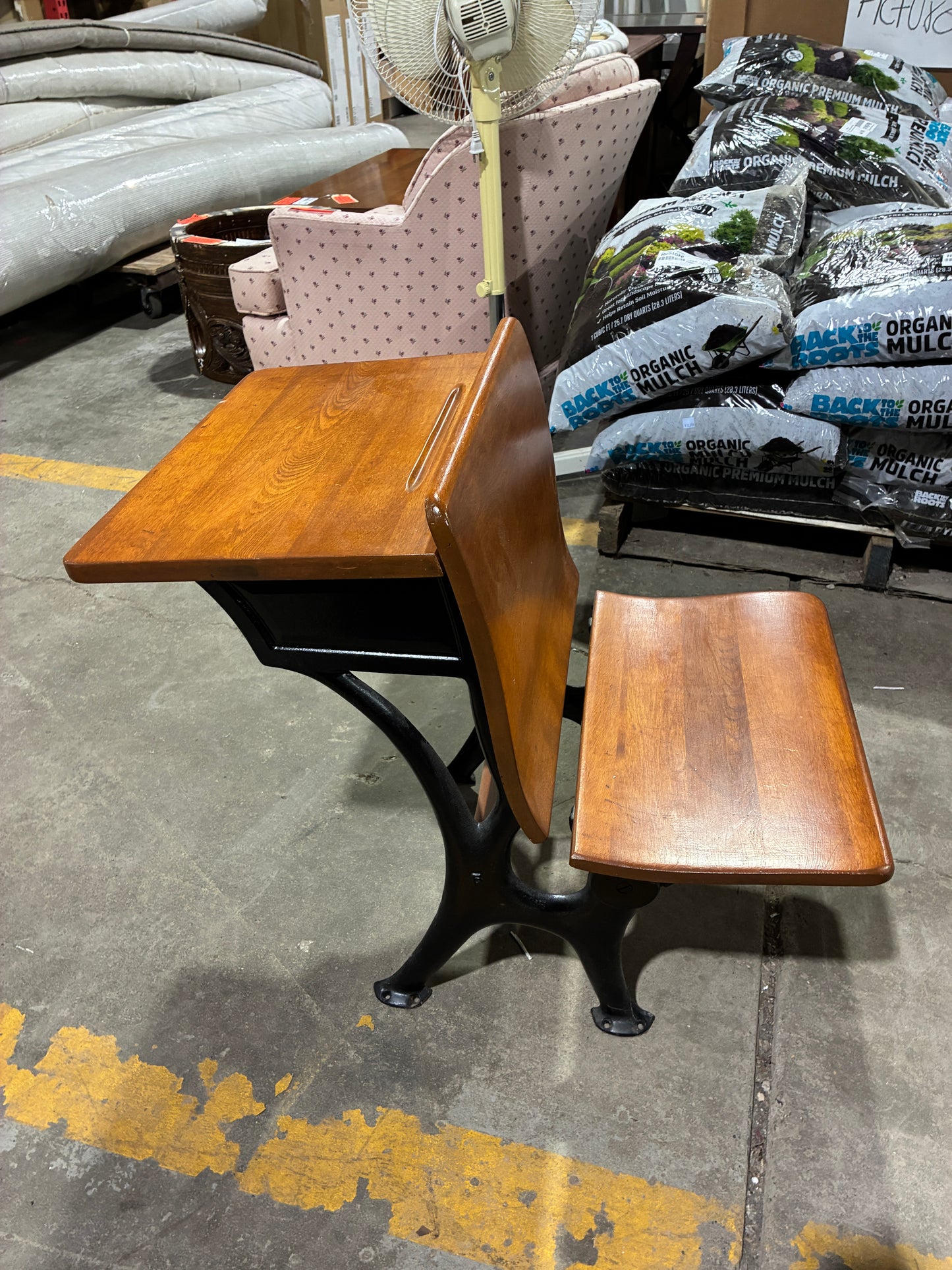 Vintage Wooden School Desk with Attached Bench #3