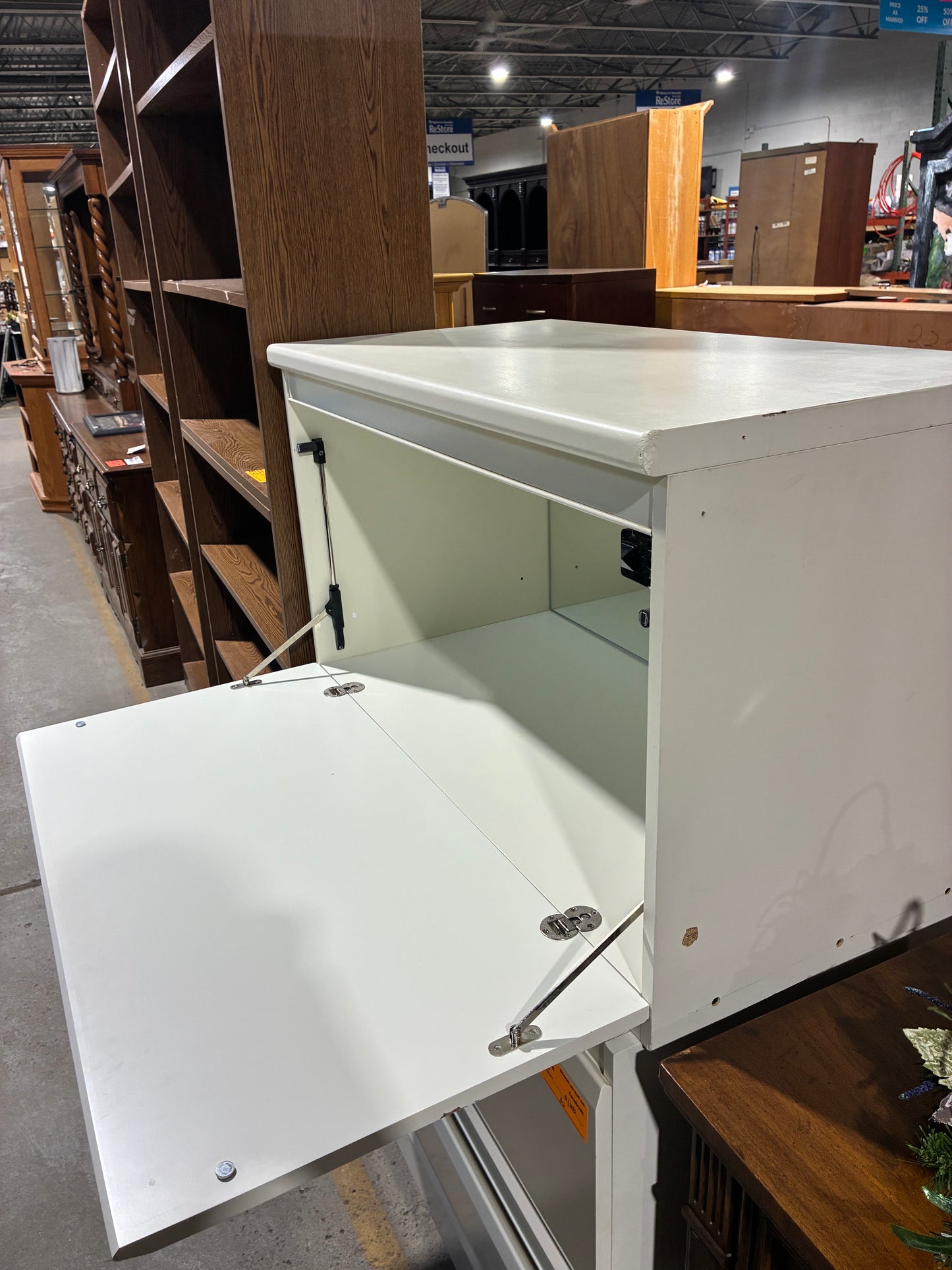 White Flip-Down Storage Cabinet with Glass Shelf