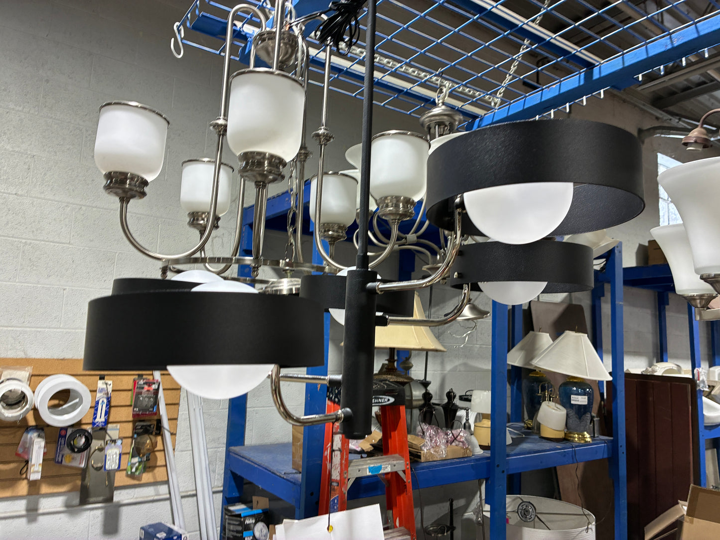 Modern Black Four Light Chandelier with Frosted Glass Shades