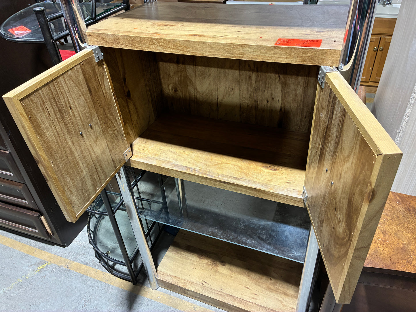 Modern Wood and Chrome Storage Shelf Cabinet