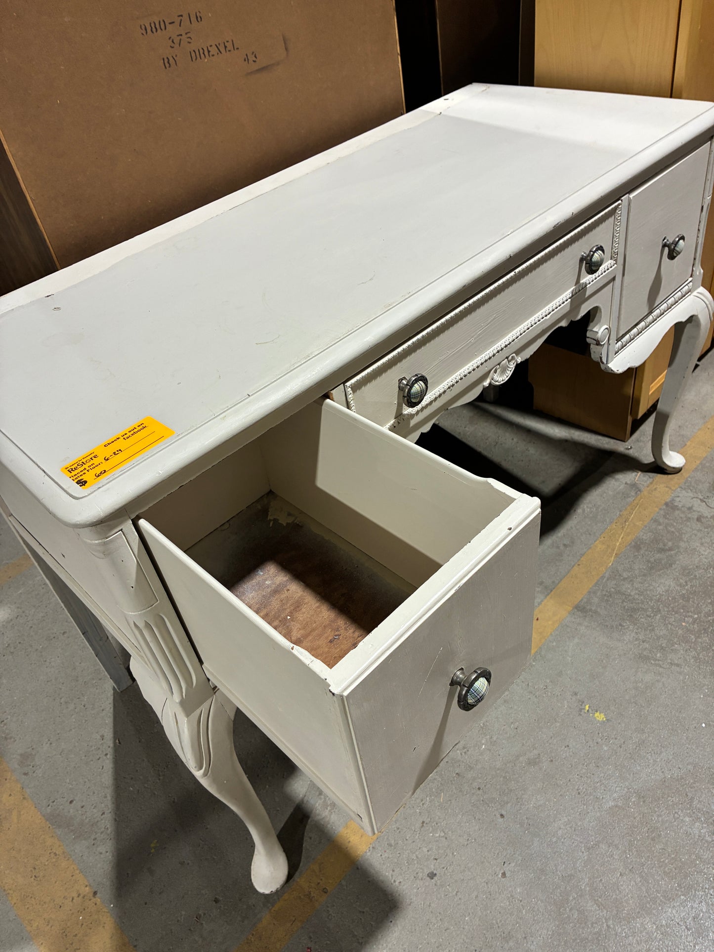 Vintage White Writing Desk with Queen Anne Legs
