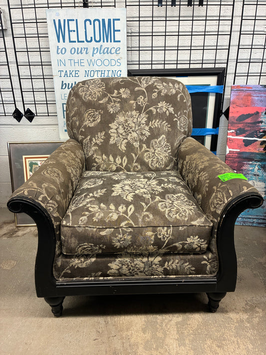 Floral Upholstered Accent Armchair with Dark Wood Trim