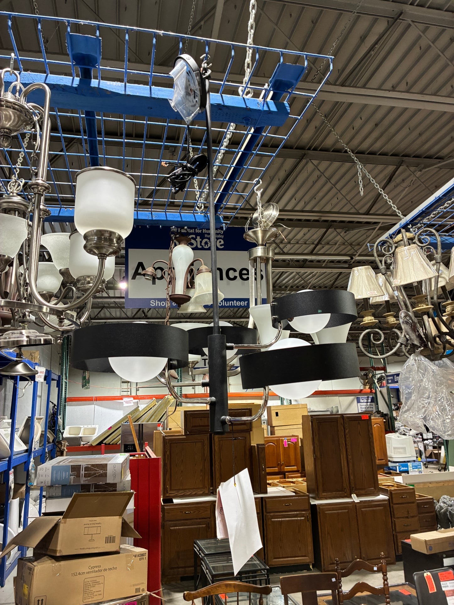 Modern Black Four Light Chandelier with Frosted Glass Shades