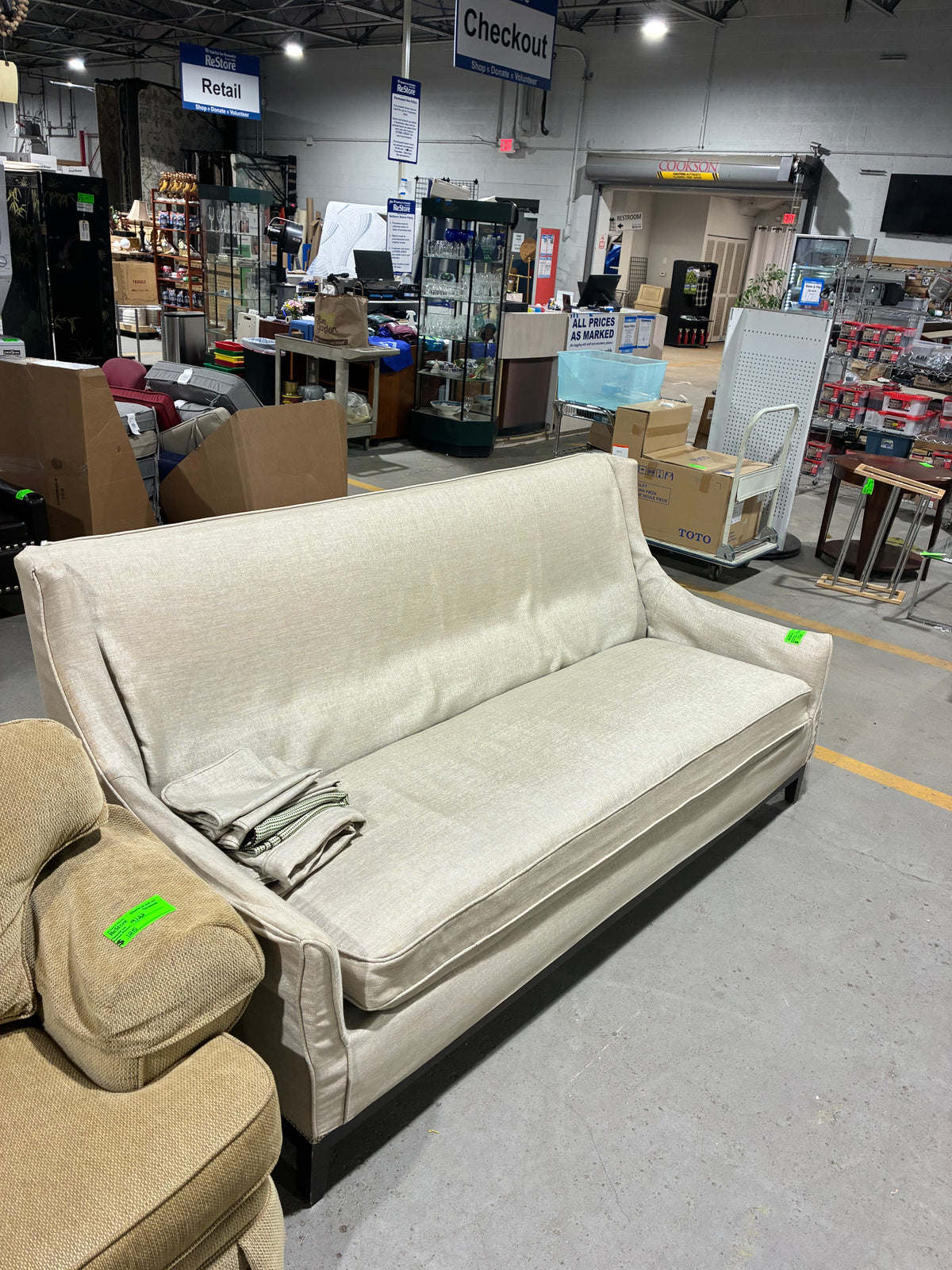 Cream Upholstered Sofa with Single Bench Cushion
