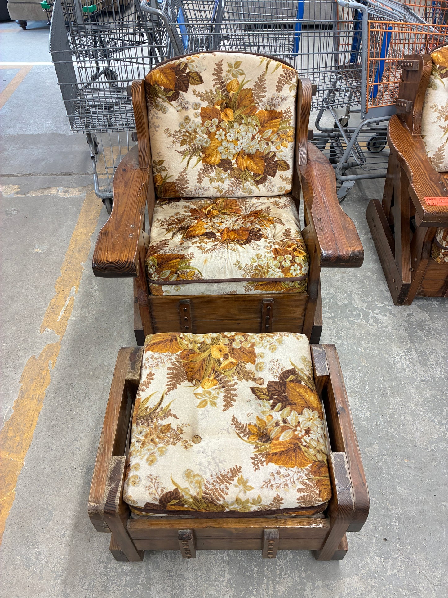Vintage Rustic Wood Chair with Matching Ottoman and Floral Upholstery